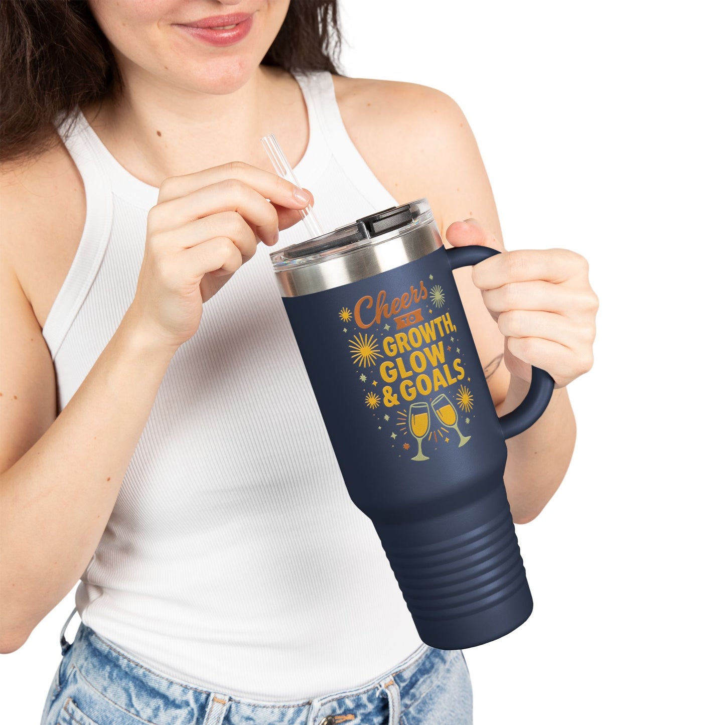 Cheers to Growth Insulated Travel Mug, 40oz, Motivational Gift for Friends, Birthday Coffee Tumbler, Inspirational Drinkware, New Year Vibes