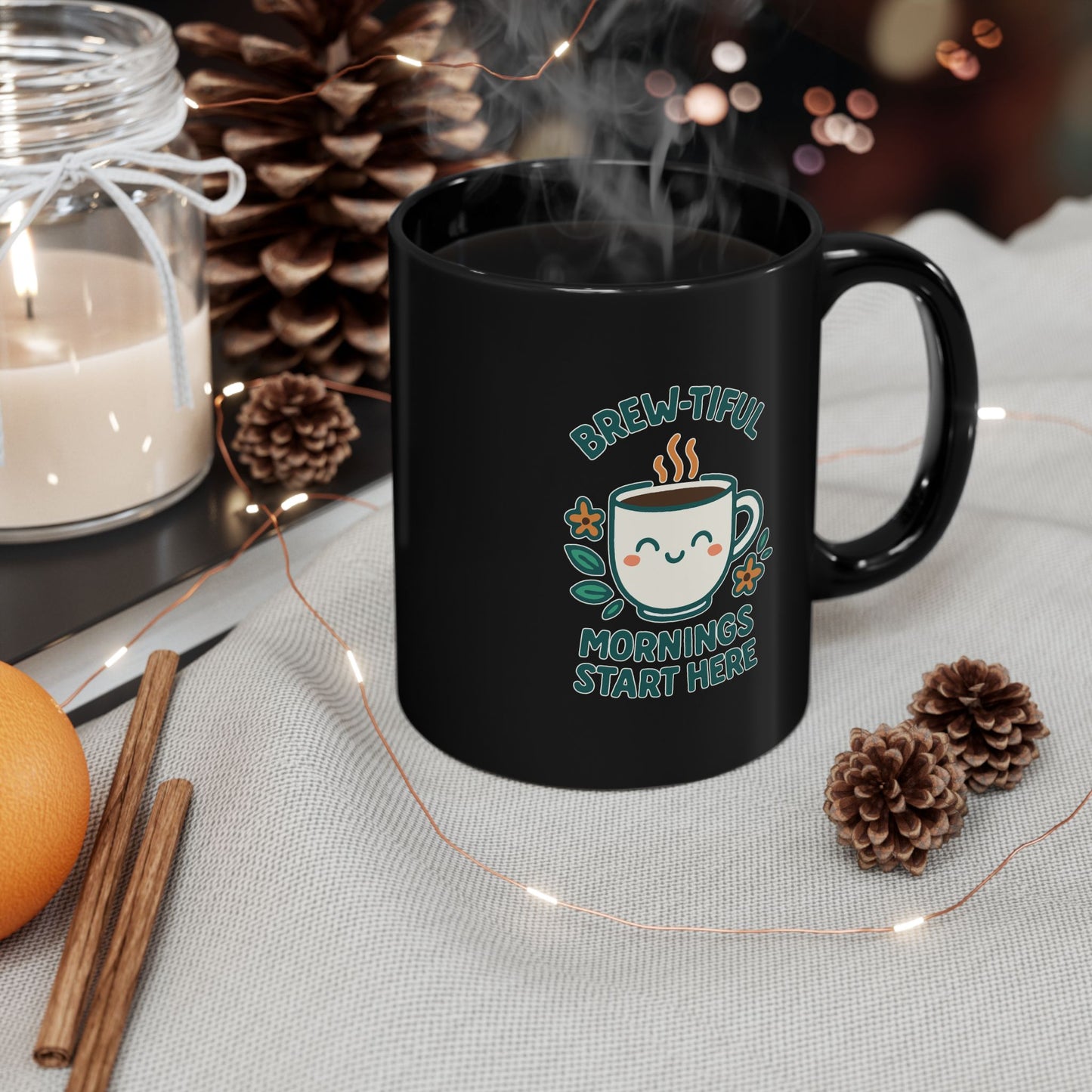 Brew-tiful Morning Mug, Cute Black Coffee Mug, Gift for Coffee Lovers, Fun Kitchen Decor, Inspirational Mug