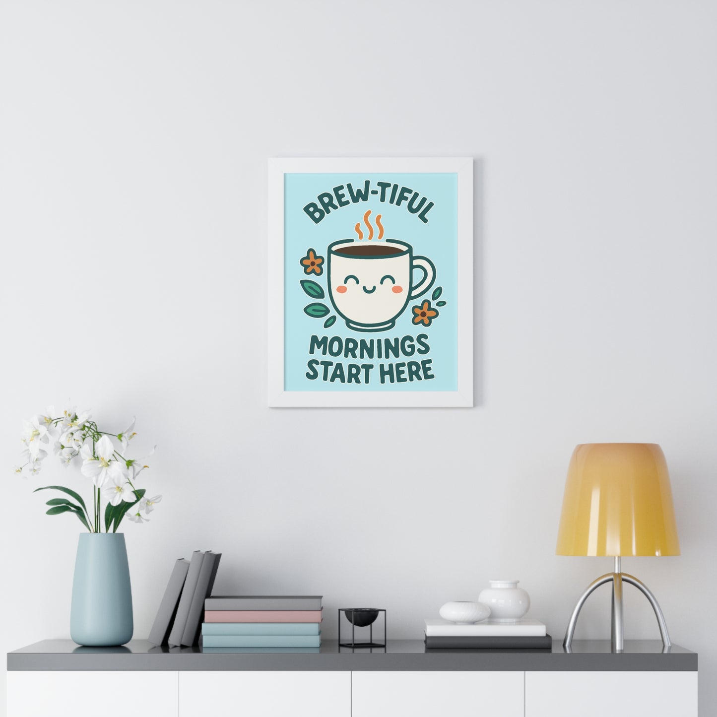 Cute Coffee Wall Art, Brew-tiful Mornings Poster, Kitchen Decor, Gift for Coffee Lovers, Floral Artwork, Home Office Print