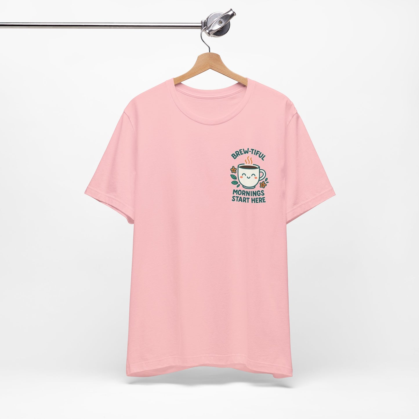 Cute Coffee Lover T-Shirt, Brew-tiful Mornings Start Here Tee, Perfect for Baristas, Gift for Coffee Enthusiasts, Cozy Everyday Wear