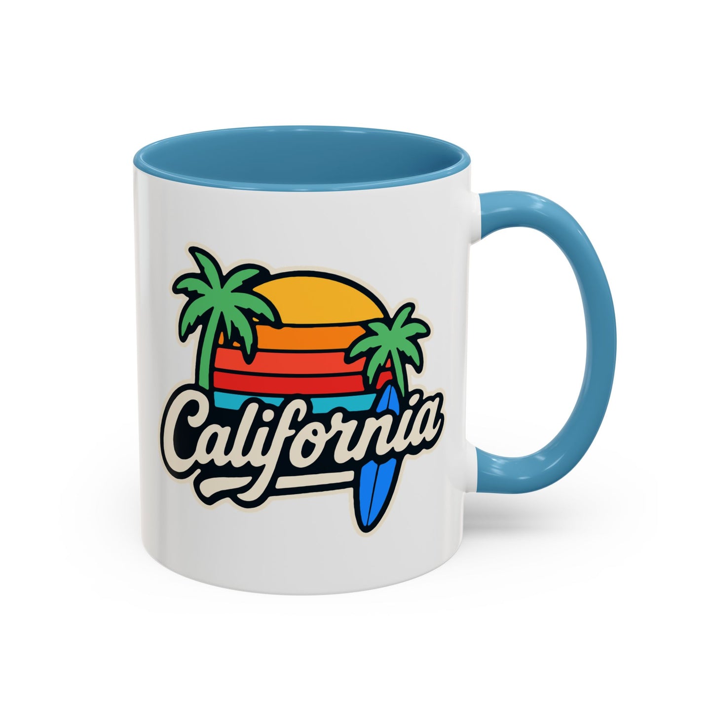 California Surf Vibes Accent Coffee Mug - Great for Beach Lovers, Gift for Surfers, Vacation Memento, Summer Collections, Retro Style