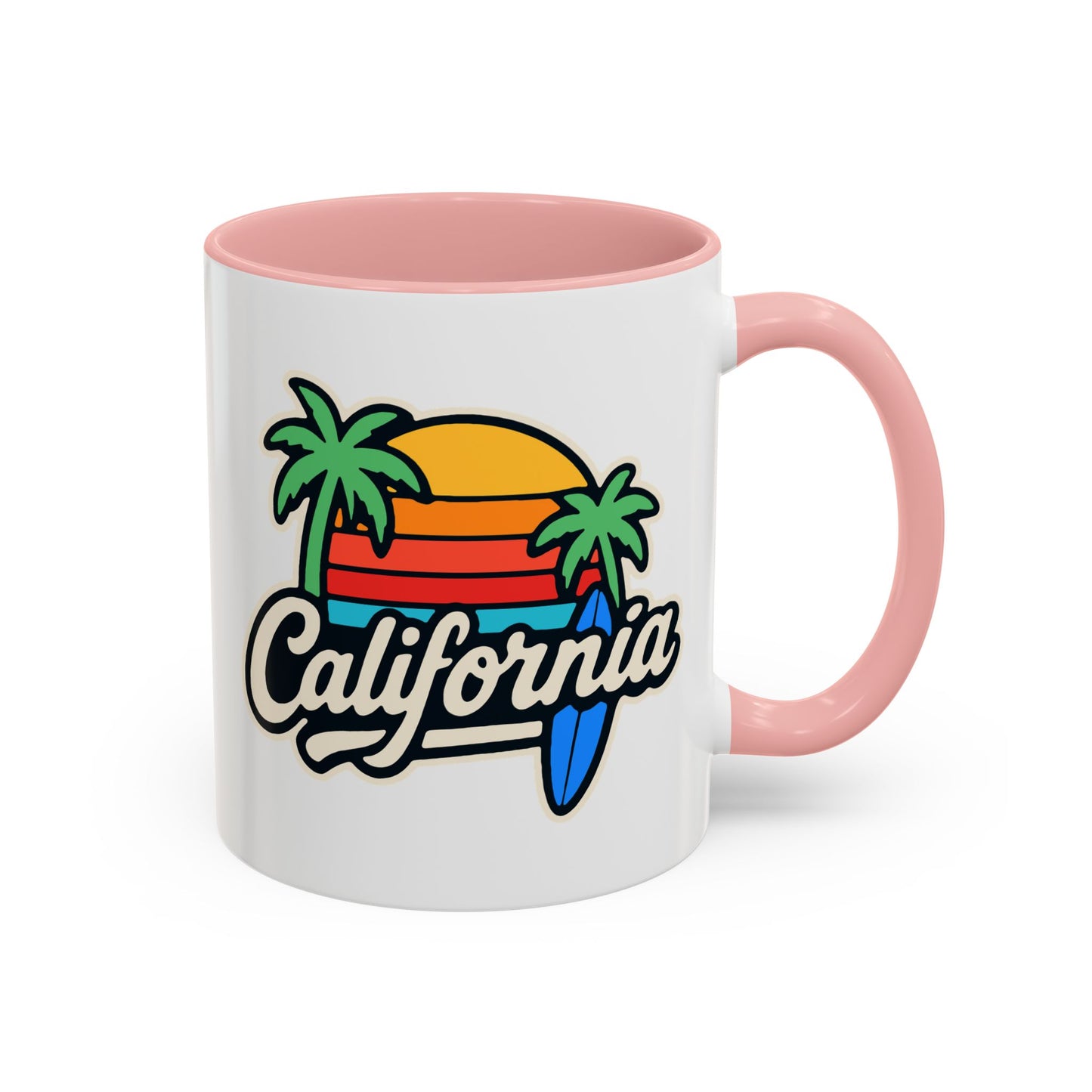 California Surf Vibes Accent Coffee Mug - Great for Beach Lovers, Gift for Surfers, Vacation Memento, Summer Collections, Retro Style