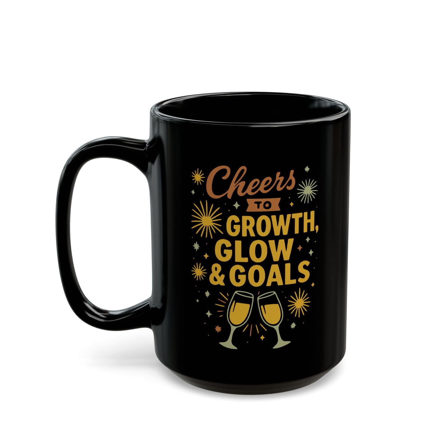 Cheers to Growth Black Mug, Motivational Coffee Cup for Success, Perfect for New Year, Birthdays, or Office Gifts