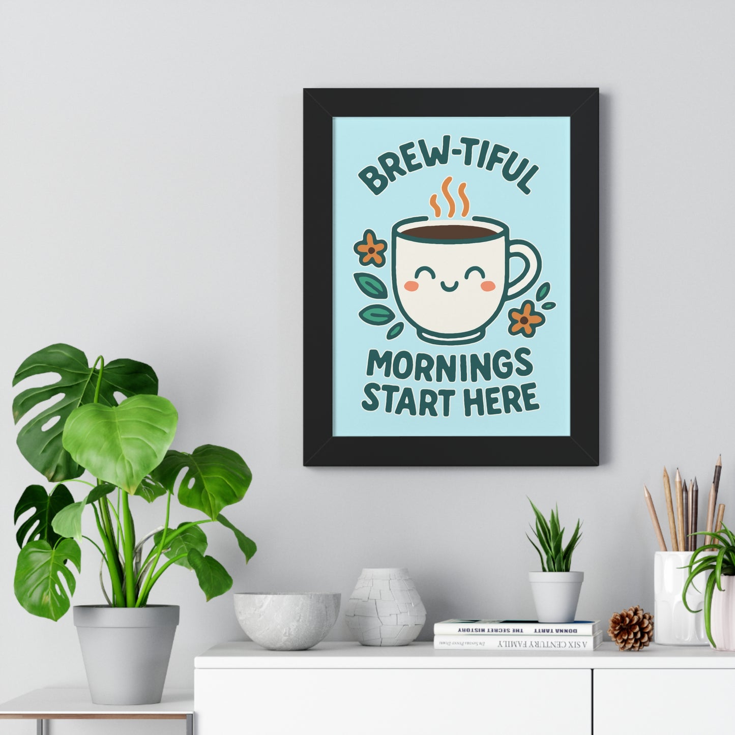 Cute Coffee Wall Art, Brew-tiful Mornings Poster, Kitchen Decor, Gift for Coffee Lovers, Floral Artwork, Home Office Print