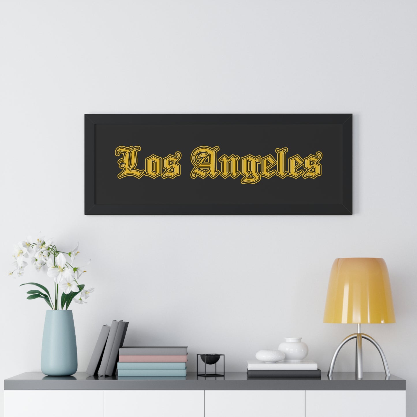 Los Angeles Framed Poster, Urban Wall Art for Home Decor, Cityscape Gift, Interior Design Accent, Modern Typography Decor - Golden Edition
