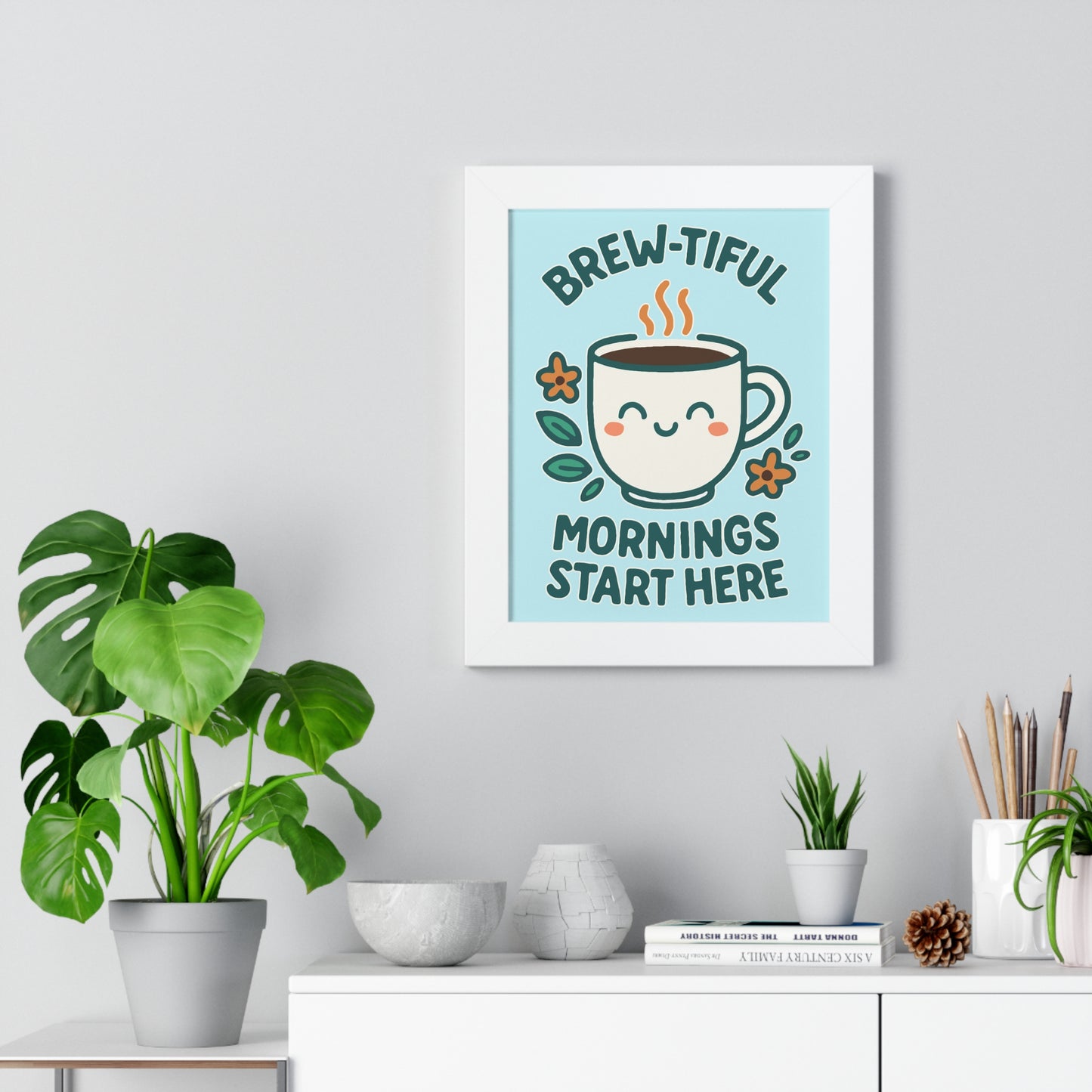 Cute Coffee Wall Art, Brew-tiful Mornings Poster, Kitchen Decor, Gift for Coffee Lovers, Floral Artwork, Home Office Print
