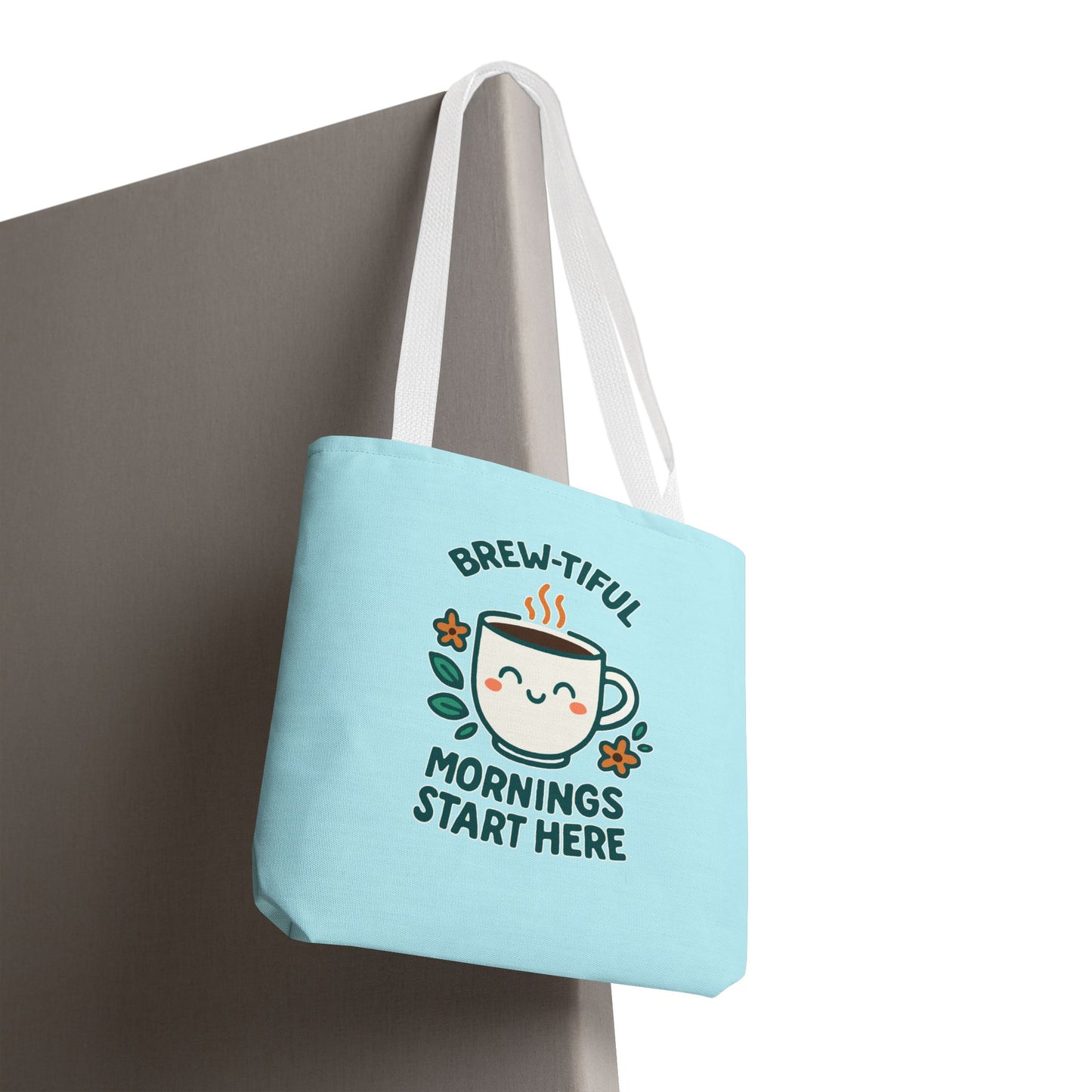 Brew-tiful Mornings Tote Bag, Cute Coffee Lover Gift, Reusable Grocery Bag, Spring Picnic Essentials, Motivational Quote Tote
