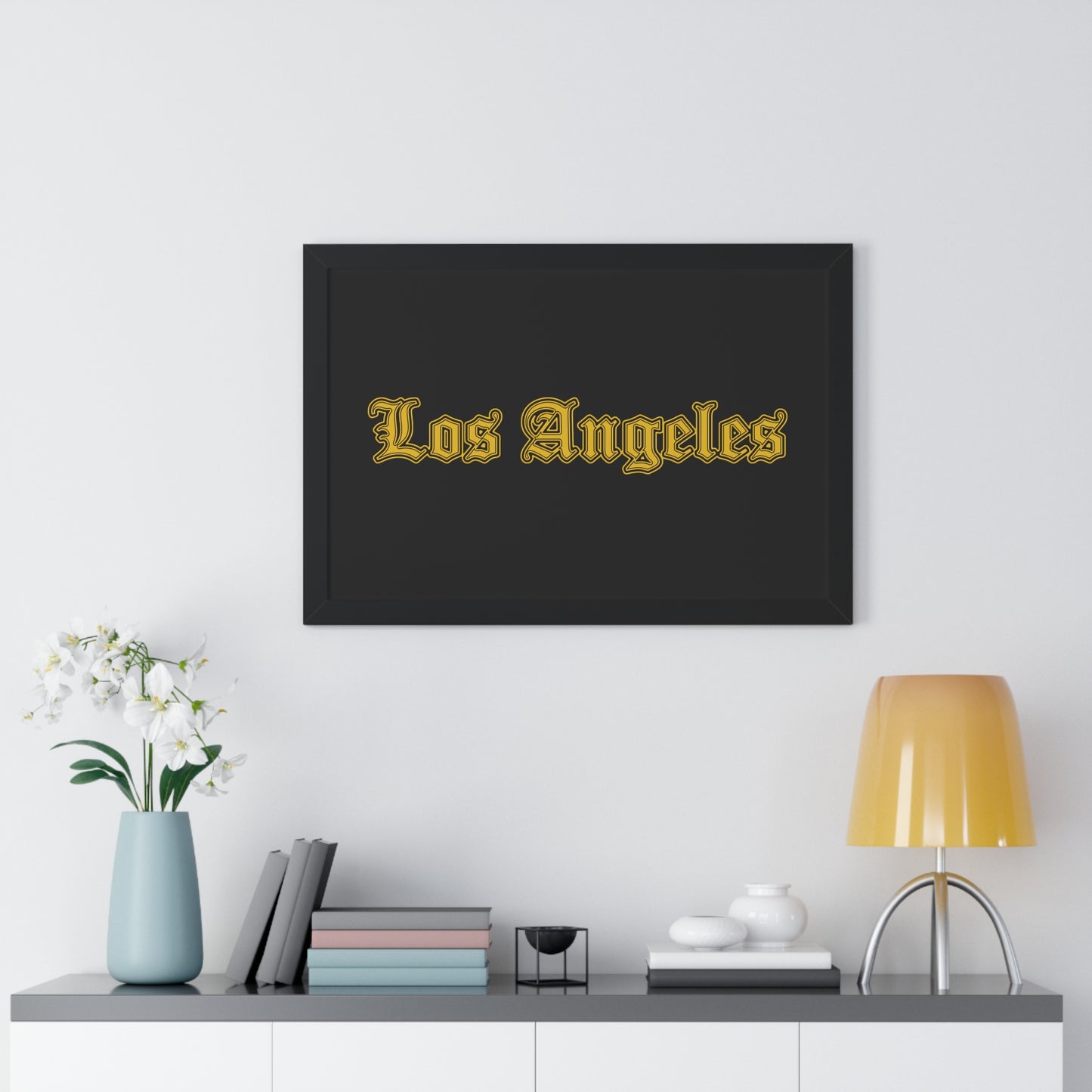 Los Angeles Framed Poster, Urban Wall Art for Home Decor, Cityscape Gift, Interior Design Accent, Modern Typography Decor - Golden Edition