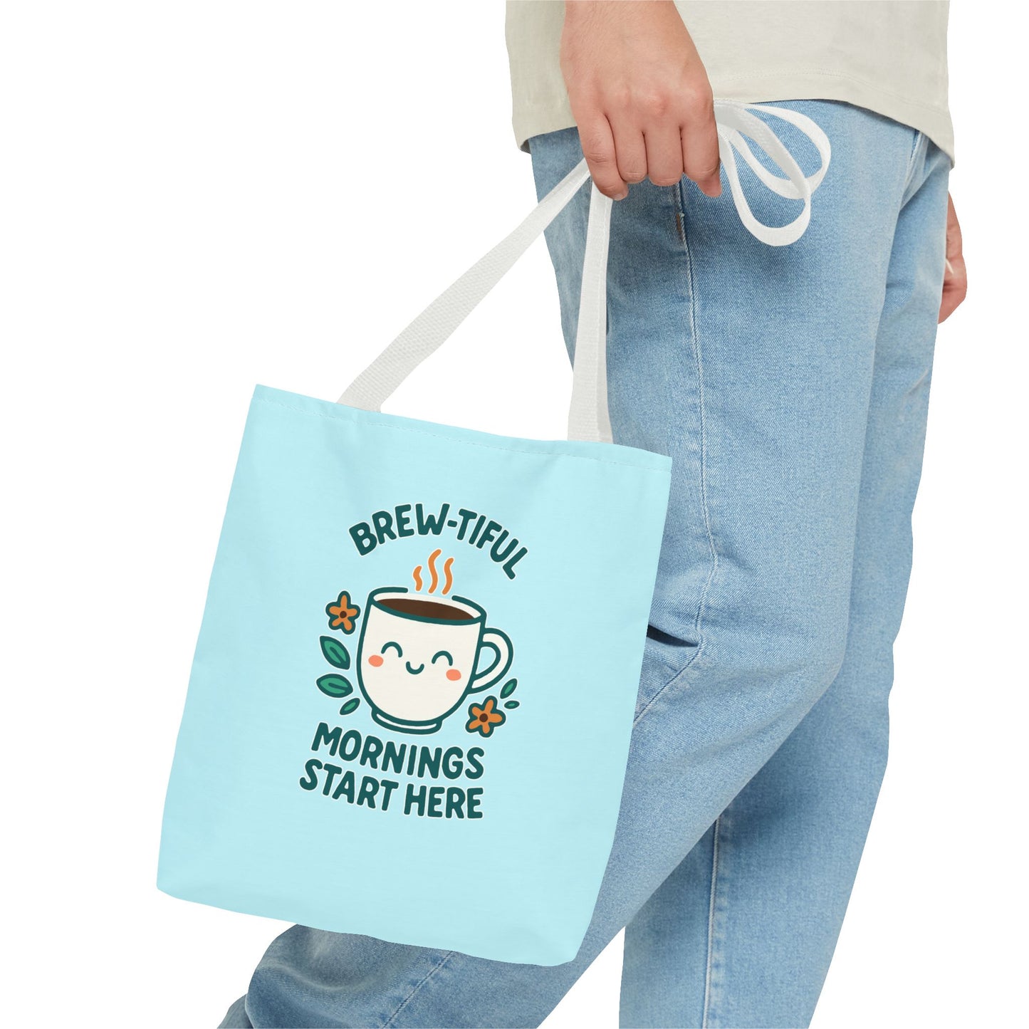 Brew-tiful Mornings Tote Bag, Cute Coffee Lover Gift, Reusable Grocery Bag, Spring Picnic Essentials, Motivational Quote Tote