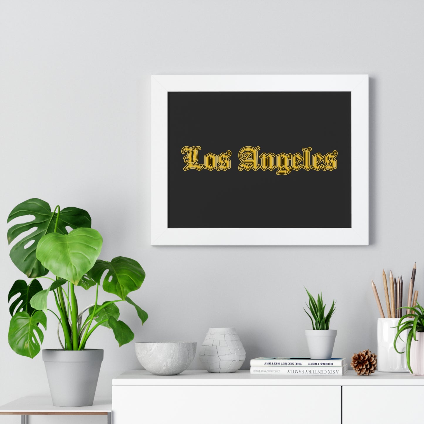 Los Angeles Framed Poster, Urban Wall Art for Home Decor, Cityscape Gift, Interior Design Accent, Modern Typography Decor - Golden Edition