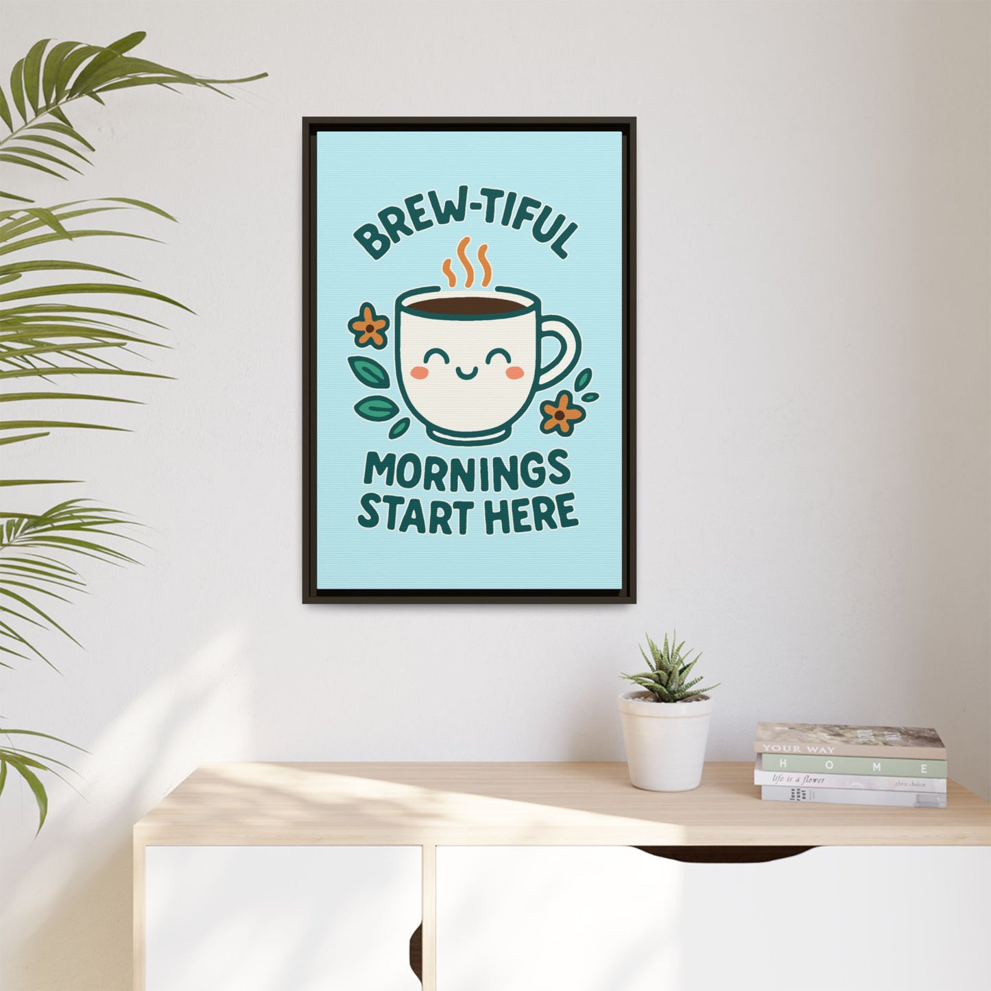 Framed Canvas Art, Brew-tiful Mornings Wall Decor, Coffee Lovers Gift, Kitchen Decoration, Cozy Home Art, Cute Framed Print