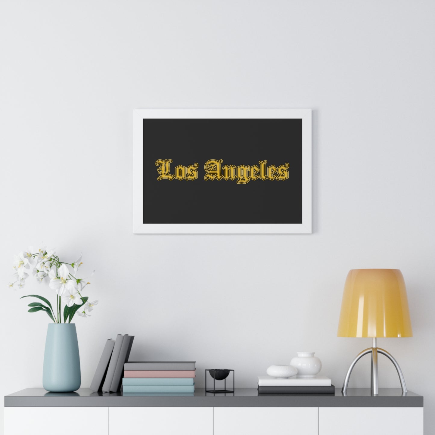 Los Angeles Framed Poster, Urban Wall Art for Home Decor, Cityscape Gift, Interior Design Accent, Modern Typography Decor - Golden Edition