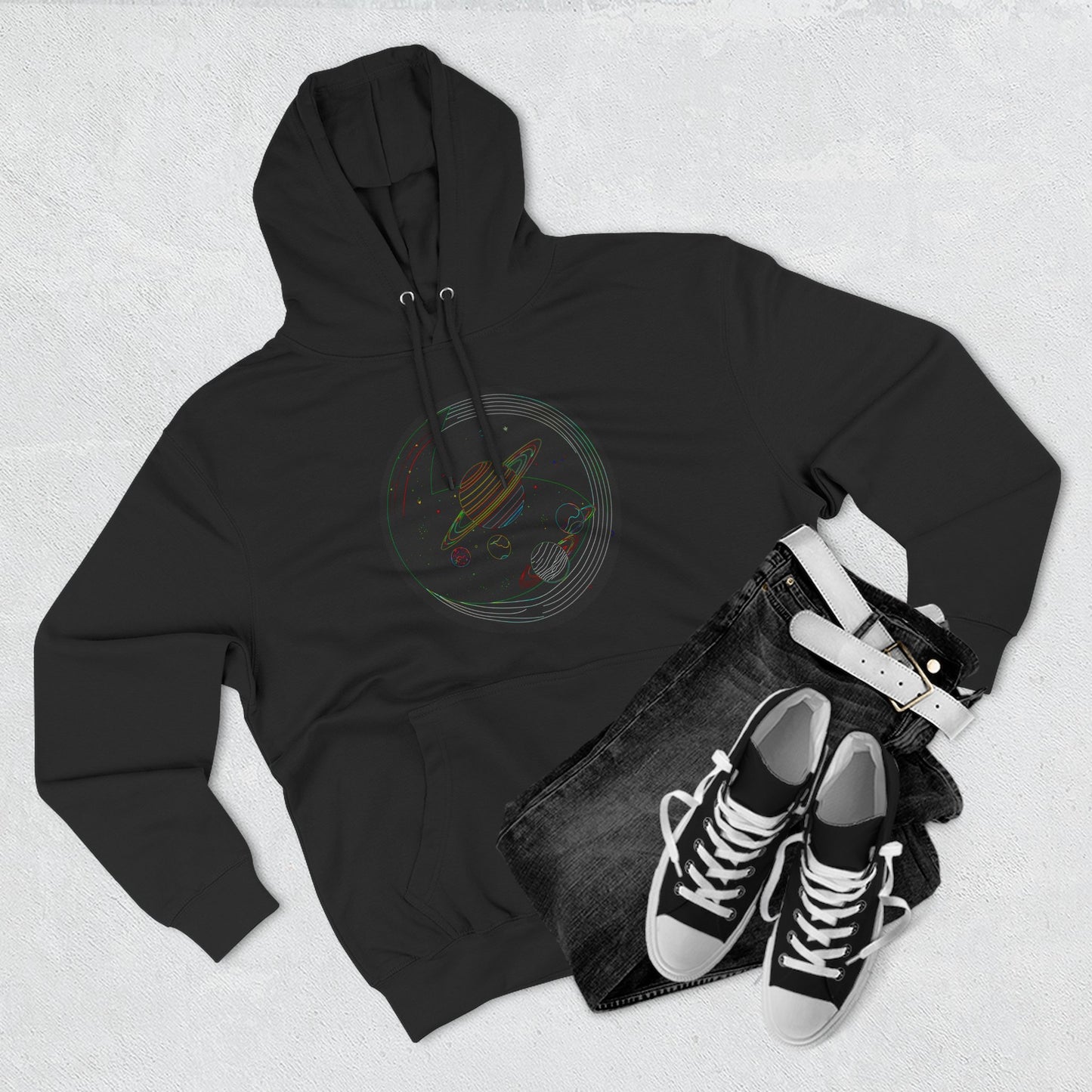 Cosmic Fleece Hoodie with Planet Design, Perfect for Space Lovers, Warm and Stylish, Great for Gifts, Casual Wear, Science-Themed Apparel