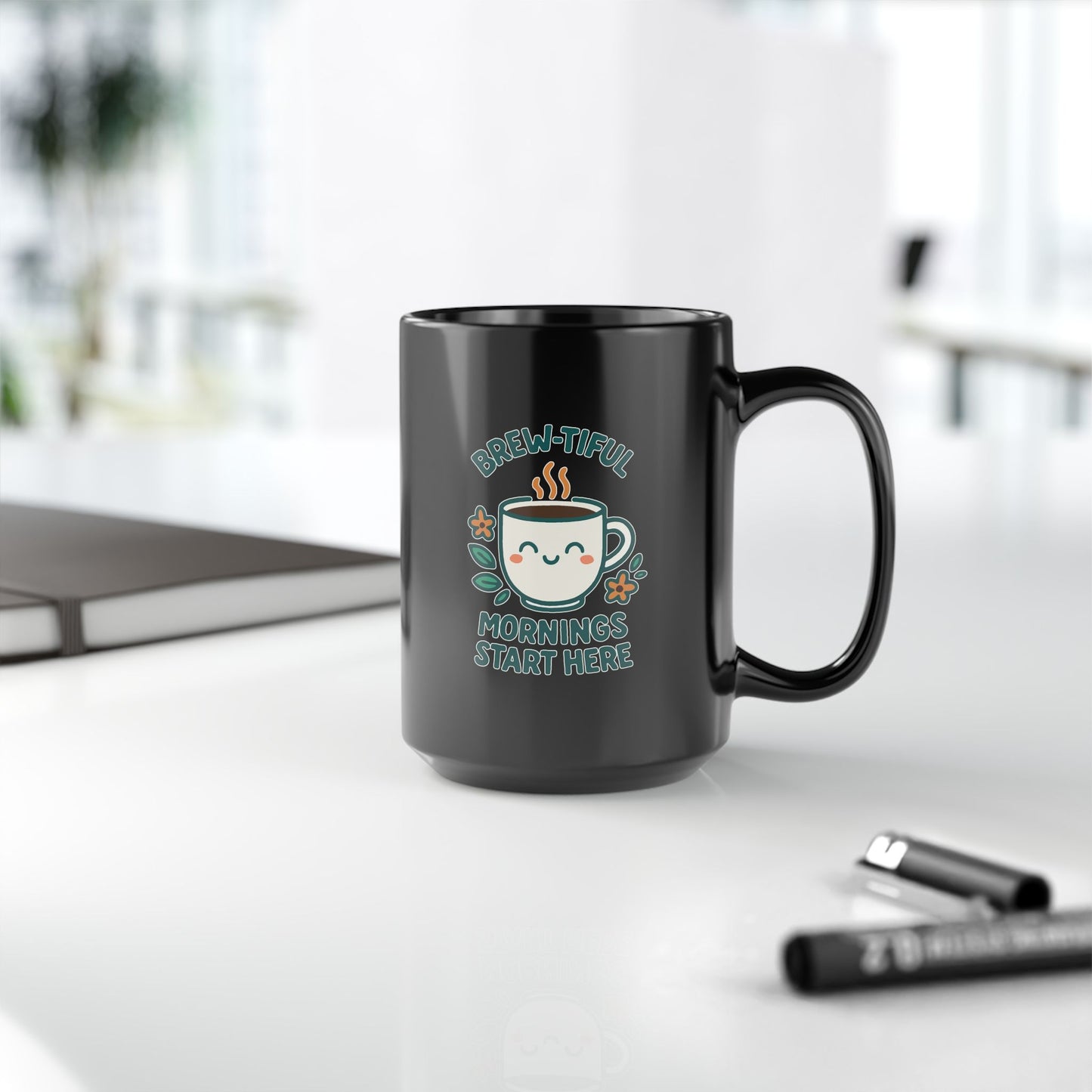 Brew-tiful Morning Mug, Cute Black Coffee Mug, Gift for Coffee Lovers, Fun Kitchen Decor, Inspirational Mug