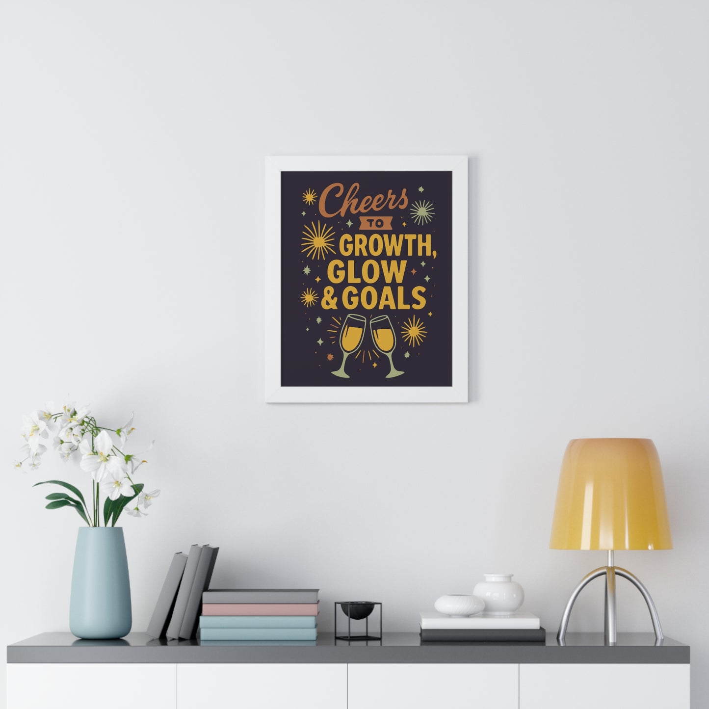 Cheers to Growth Framed Vertical Poster, Inspirational Wall Art, Celebration Decor, Motivational Print, Gift for New Beginnings