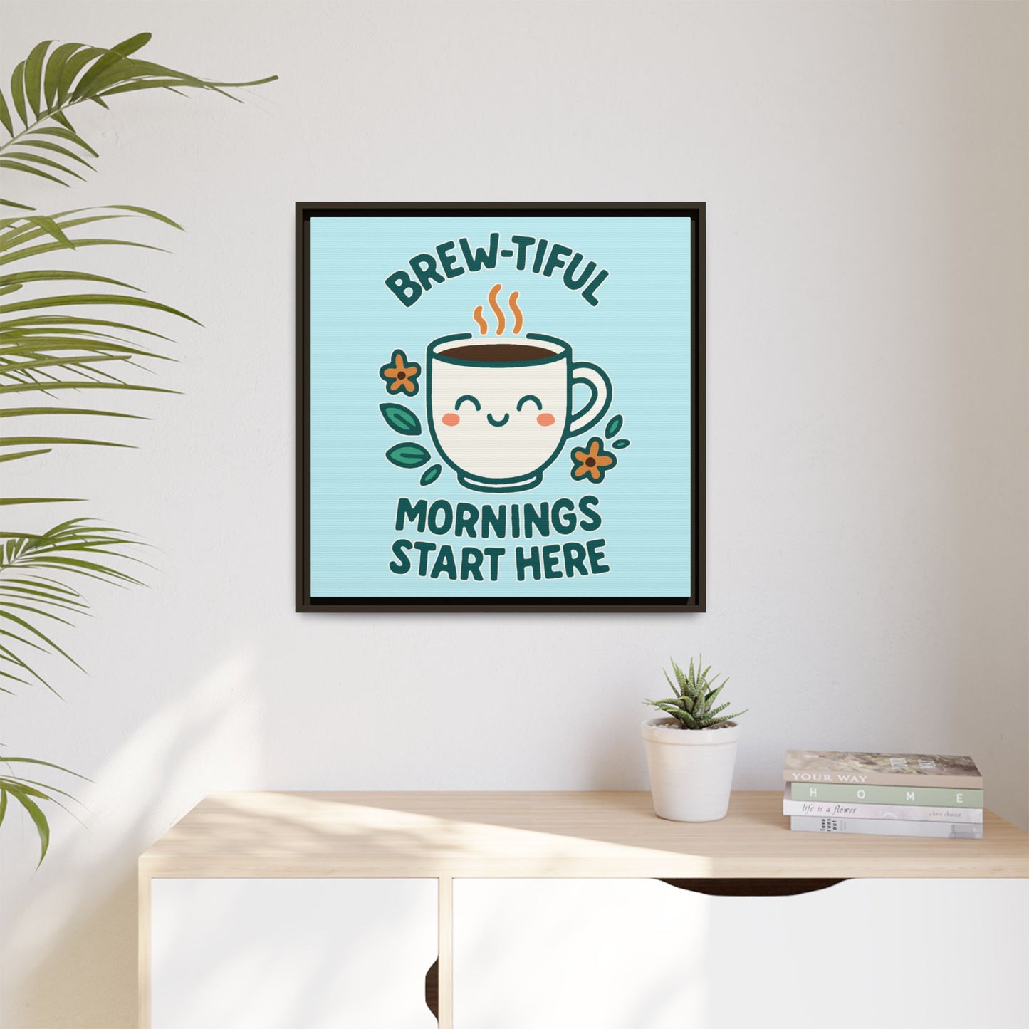 Framed Canvas Art, Brew-tiful Mornings Wall Decor, Coffee Lovers Gift, Kitchen Decoration, Cozy Home Art, Cute Framed Print