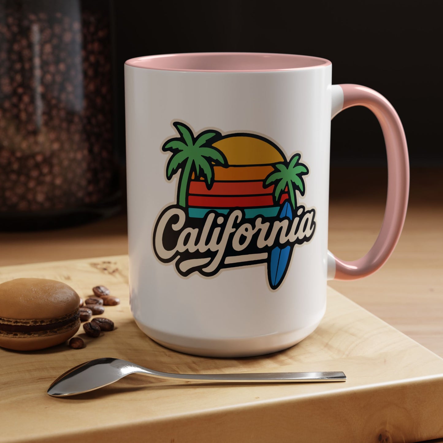 California Surf Vibes Accent Coffee Mug - Great for Beach Lovers, Gift for Surfers, Vacation Memento, Summer Collections, Retro Style