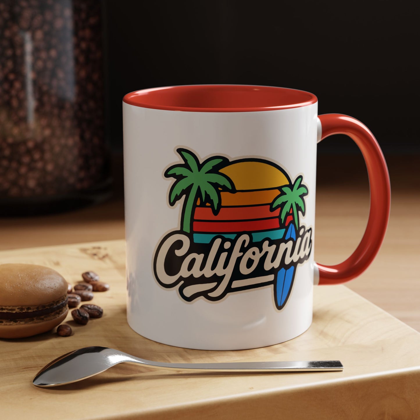 California Surf Vibes Accent Coffee Mug - Great for Beach Lovers, Gift for Surfers, Vacation Memento, Summer Collections, Retro Style