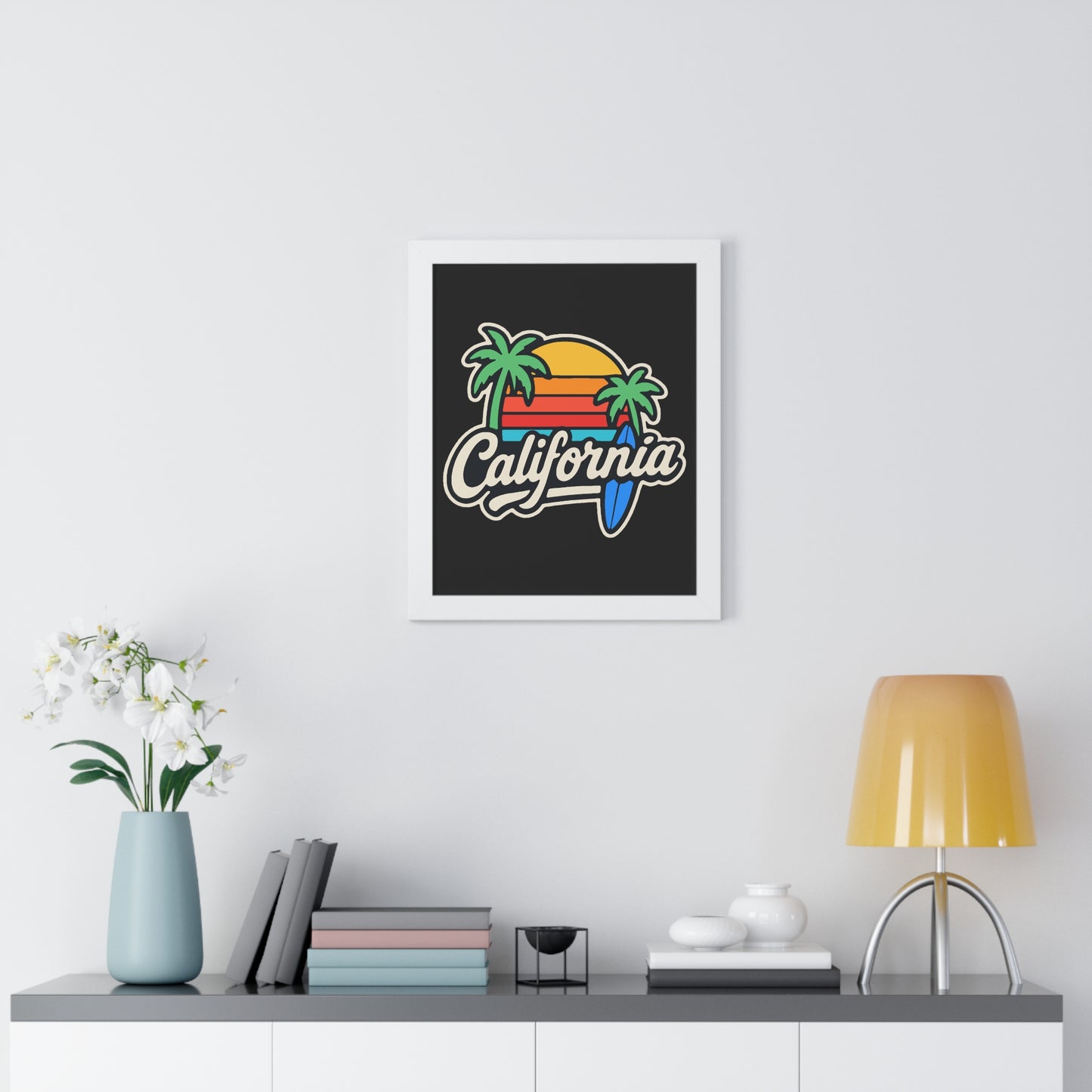 California Sunset Framed Poster, Beach Wall Art, Home Decor, Tropical Vibes, Gift for Surf Lovers