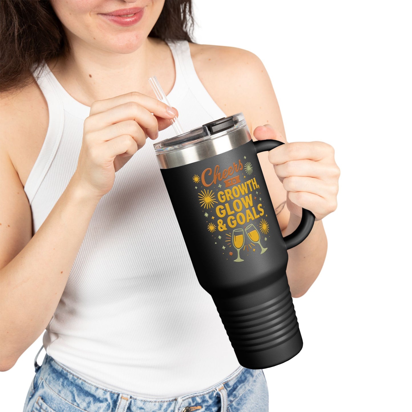 Cheers to Growth Insulated Travel Mug, 40oz, Motivational Gift for Friends, Birthday Coffee Tumbler, Inspirational Drinkware, New Year Vibes