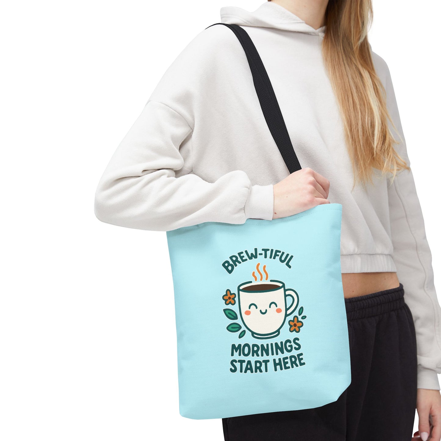 Brew-tiful Mornings Tote Bag, Cute Coffee Lover Gift, Reusable Grocery Bag, Spring Picnic Essentials, Motivational Quote Tote