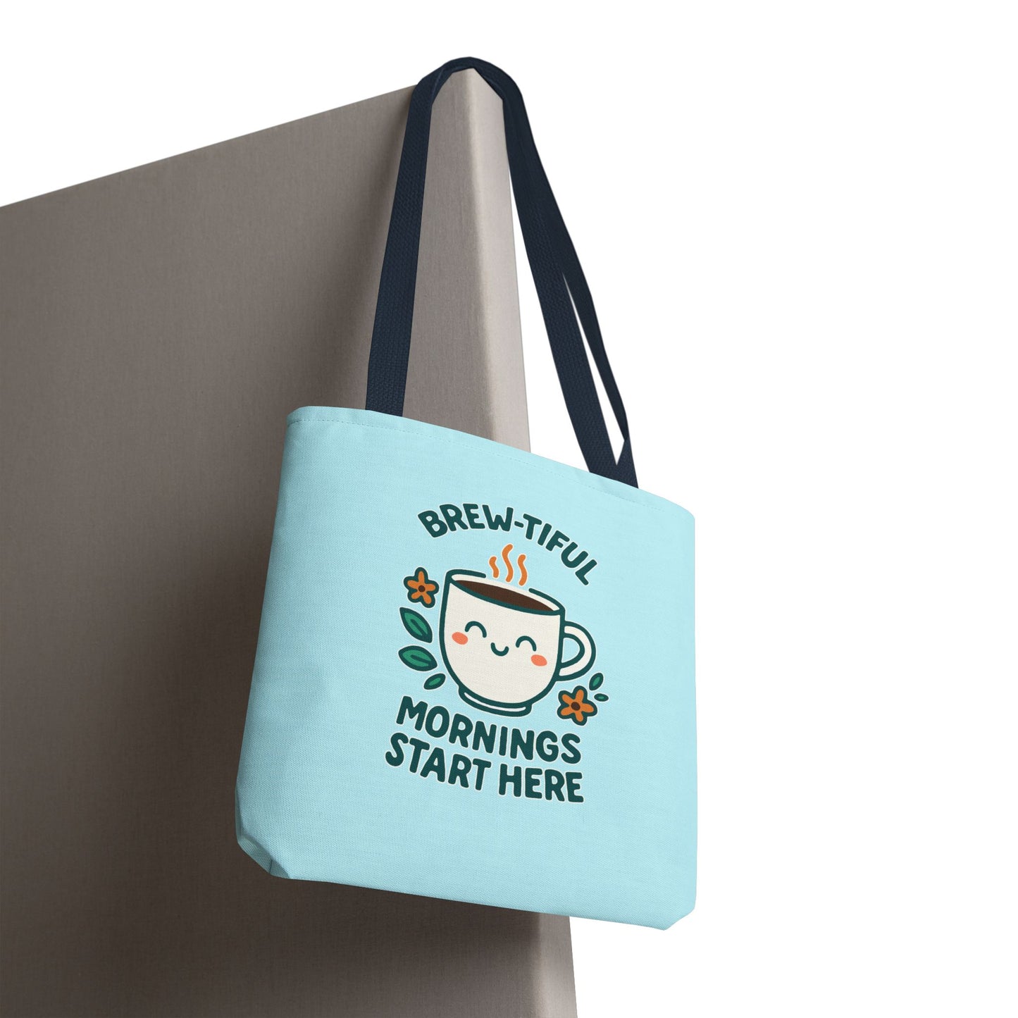 Brew-tiful Mornings Tote Bag, Cute Coffee Lover Gift, Reusable Grocery Bag, Spring Picnic Essentials, Motivational Quote Tote