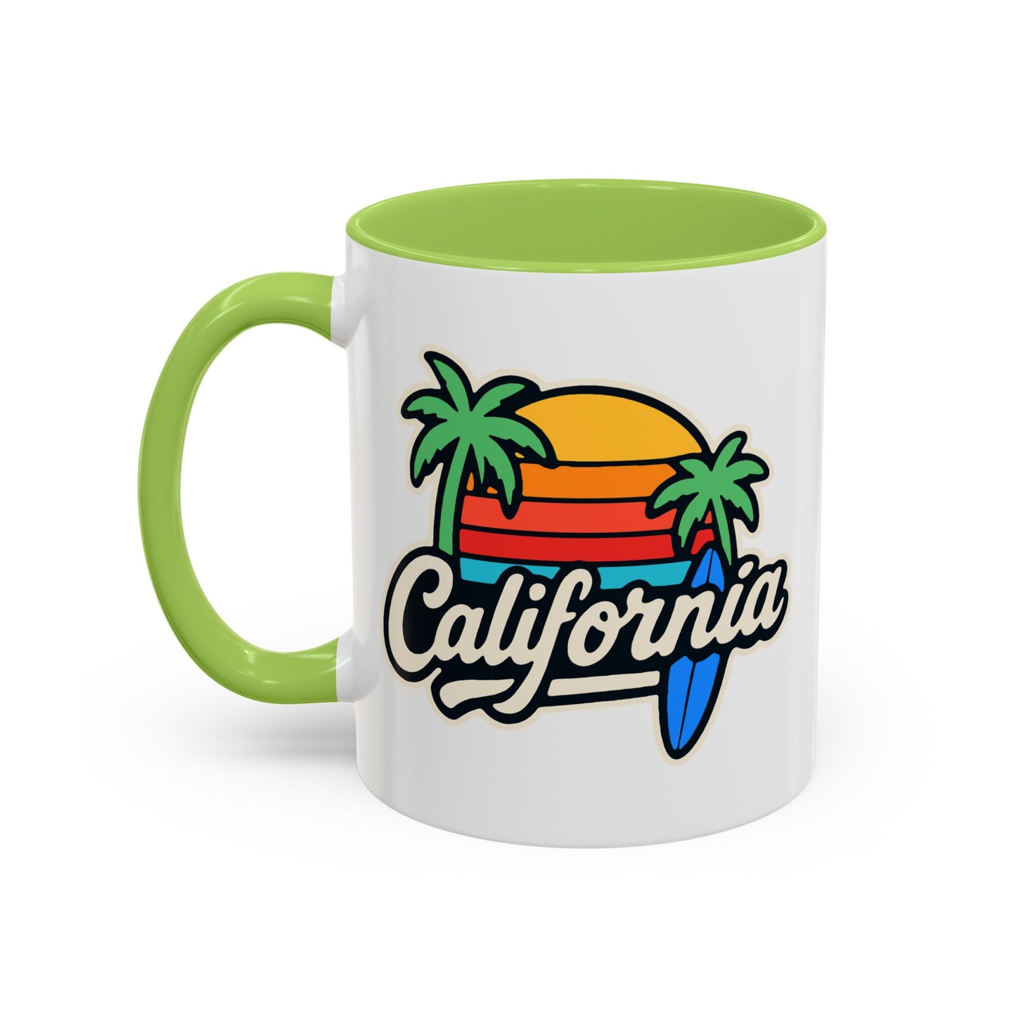 California Surf Vibes Accent Coffee Mug - Great for Beach Lovers, Gift for Surfers, Vacation Memento, Summer Collections, Retro Style