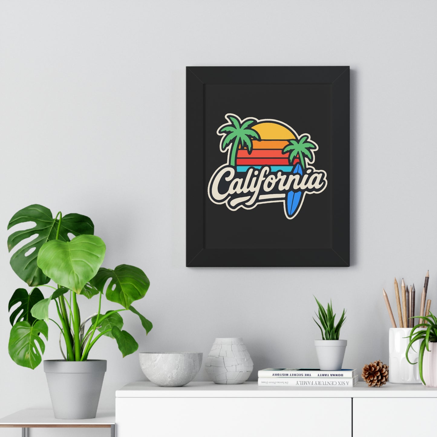 California Sunset Framed Poster, Beach Wall Art, Home Decor, Tropical Vibes, Gift for Surf Lovers