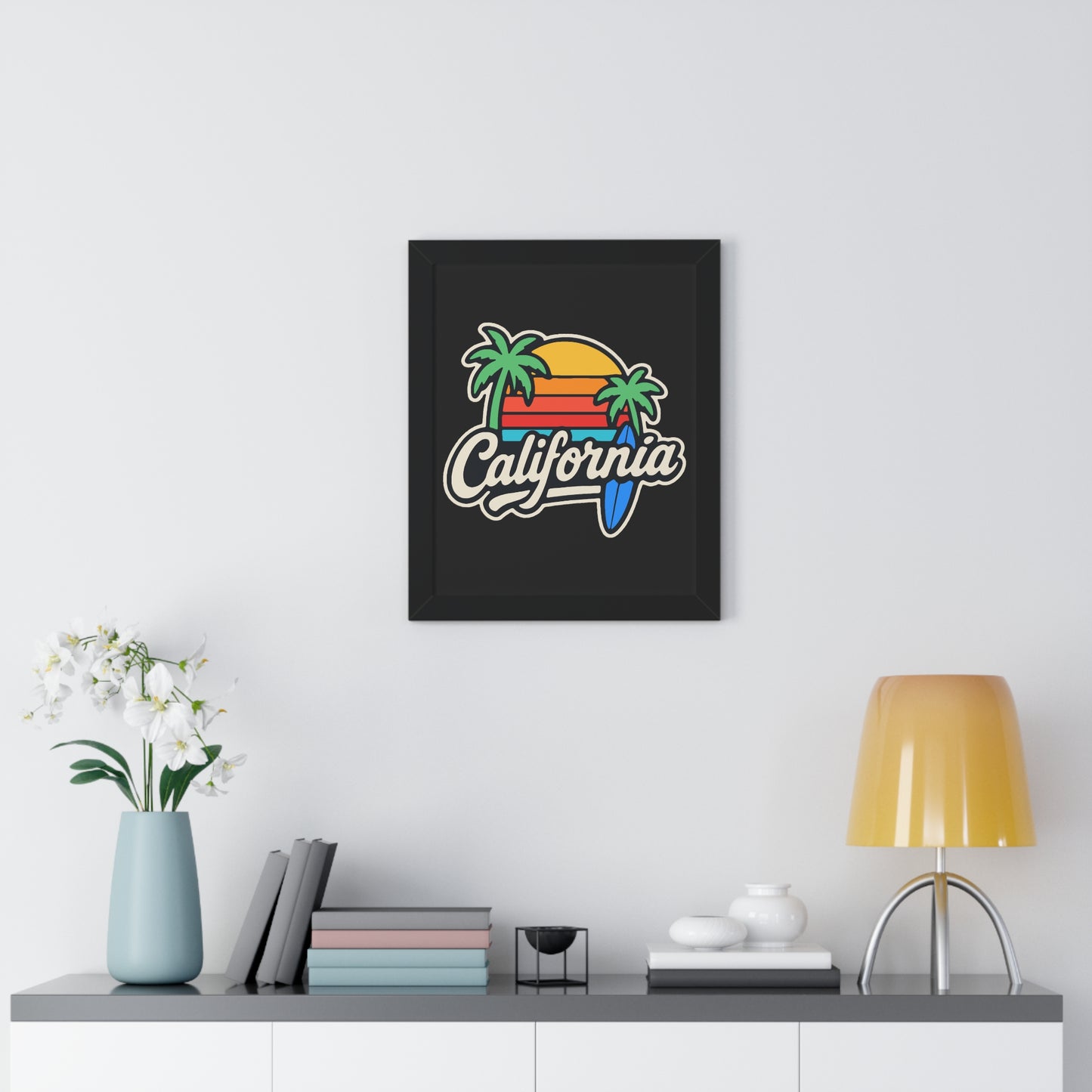 California Sunset Framed Poster, Beach Wall Art, Home Decor, Tropical Vibes, Gift for Surf Lovers