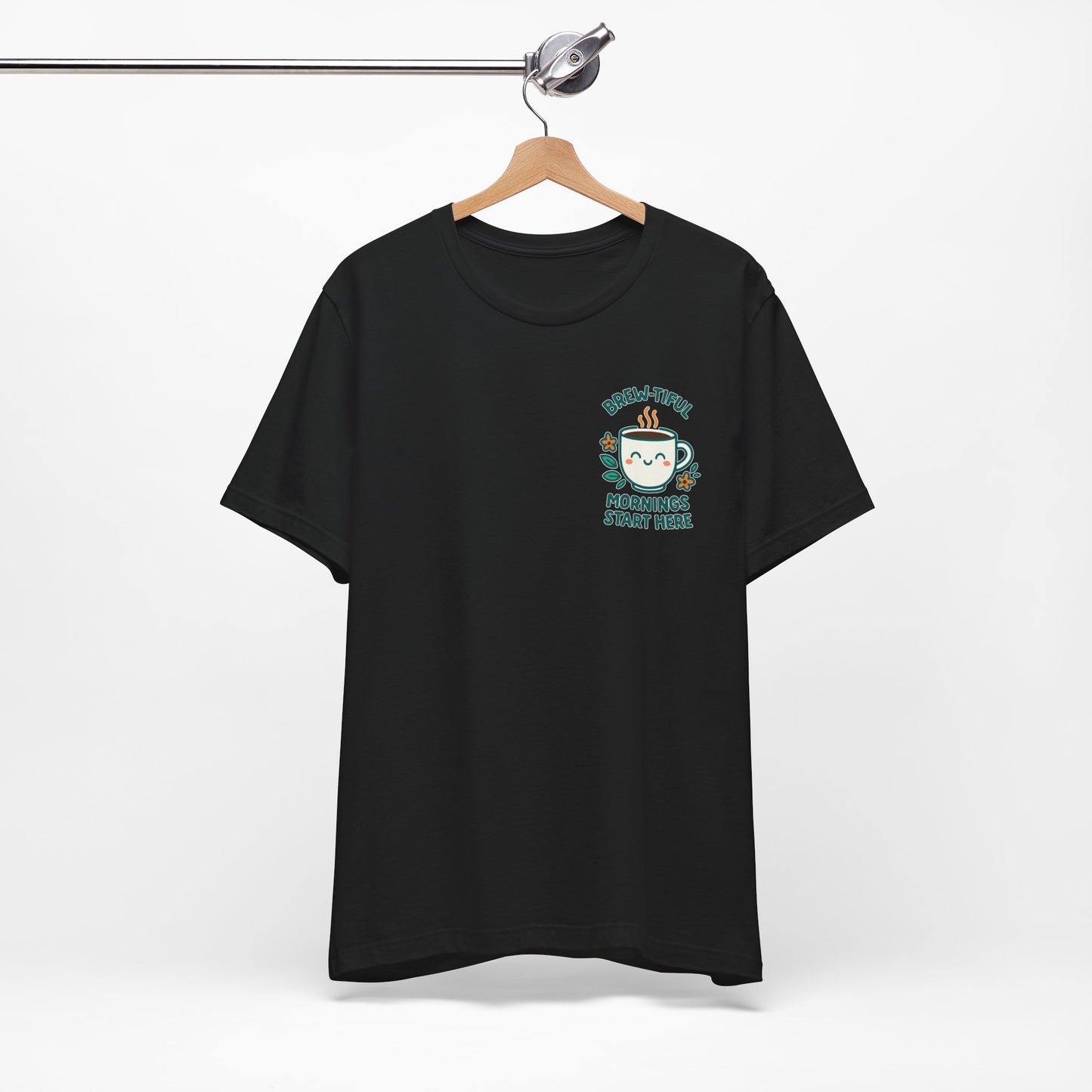 Cute Coffee Lover T-Shirt, Brew-tiful Mornings Start Here Tee, Perfect for Baristas, Gift for Coffee Enthusiasts, Cozy Everyday Wear