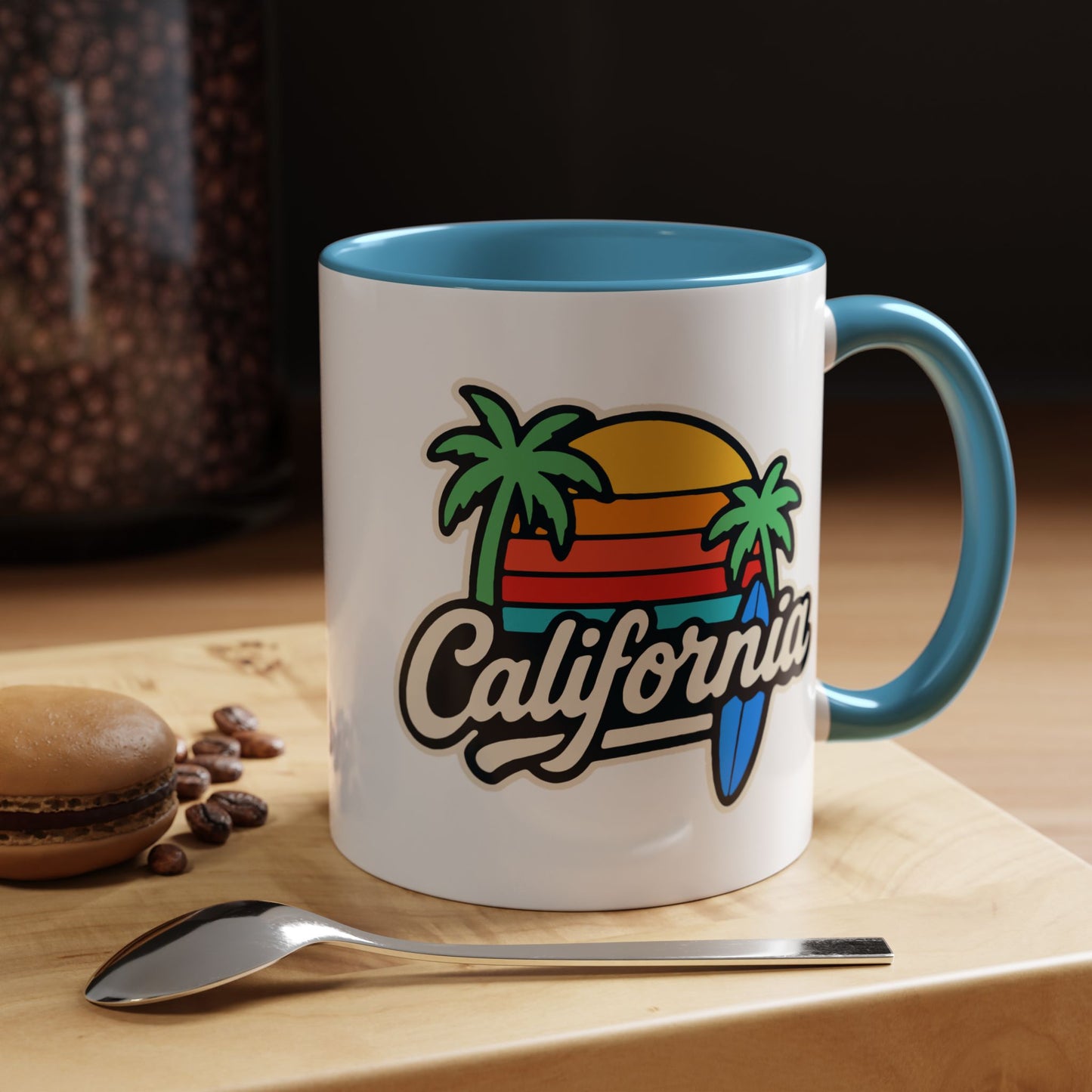 California Surf Vibes Accent Coffee Mug - Great for Beach Lovers, Gift for Surfers, Vacation Memento, Summer Collections, Retro Style