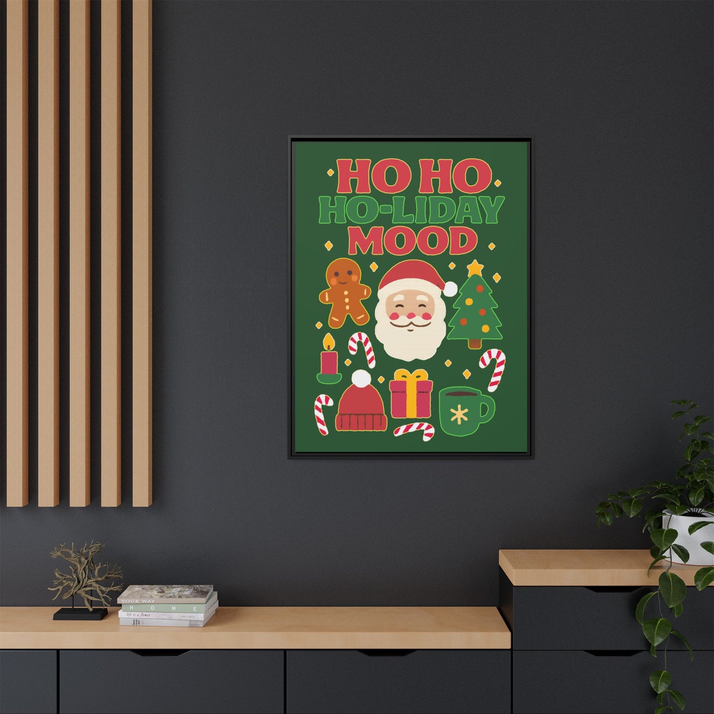 Framed Canvas Art, Festive Holiday, Cheerful Wall Art for Christmas, Santa Decor, Ho Ho Ho Seasonal Gift, Holiday Mood Wall Art