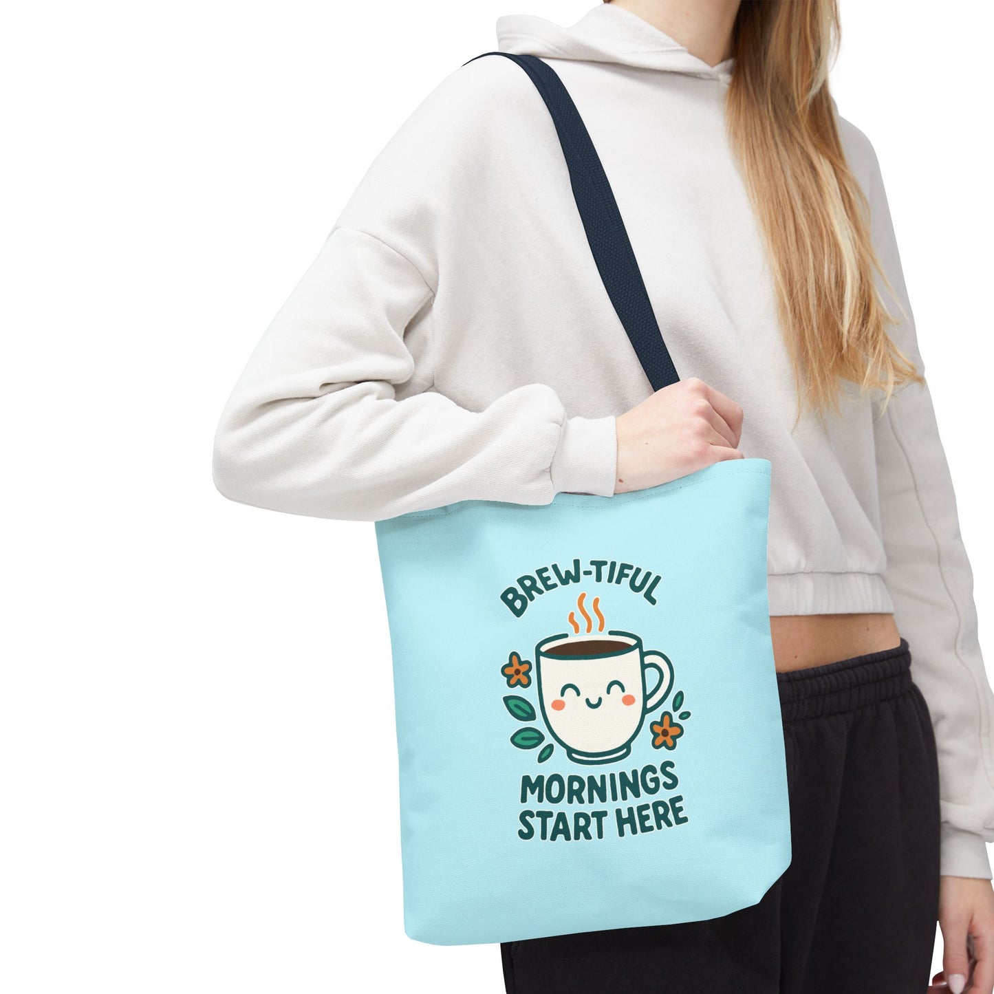 Brew-tiful Mornings Tote Bag, Cute Coffee Lover Gift, Reusable Grocery Bag, Spring Picnic Essentials, Motivational Quote Tote
