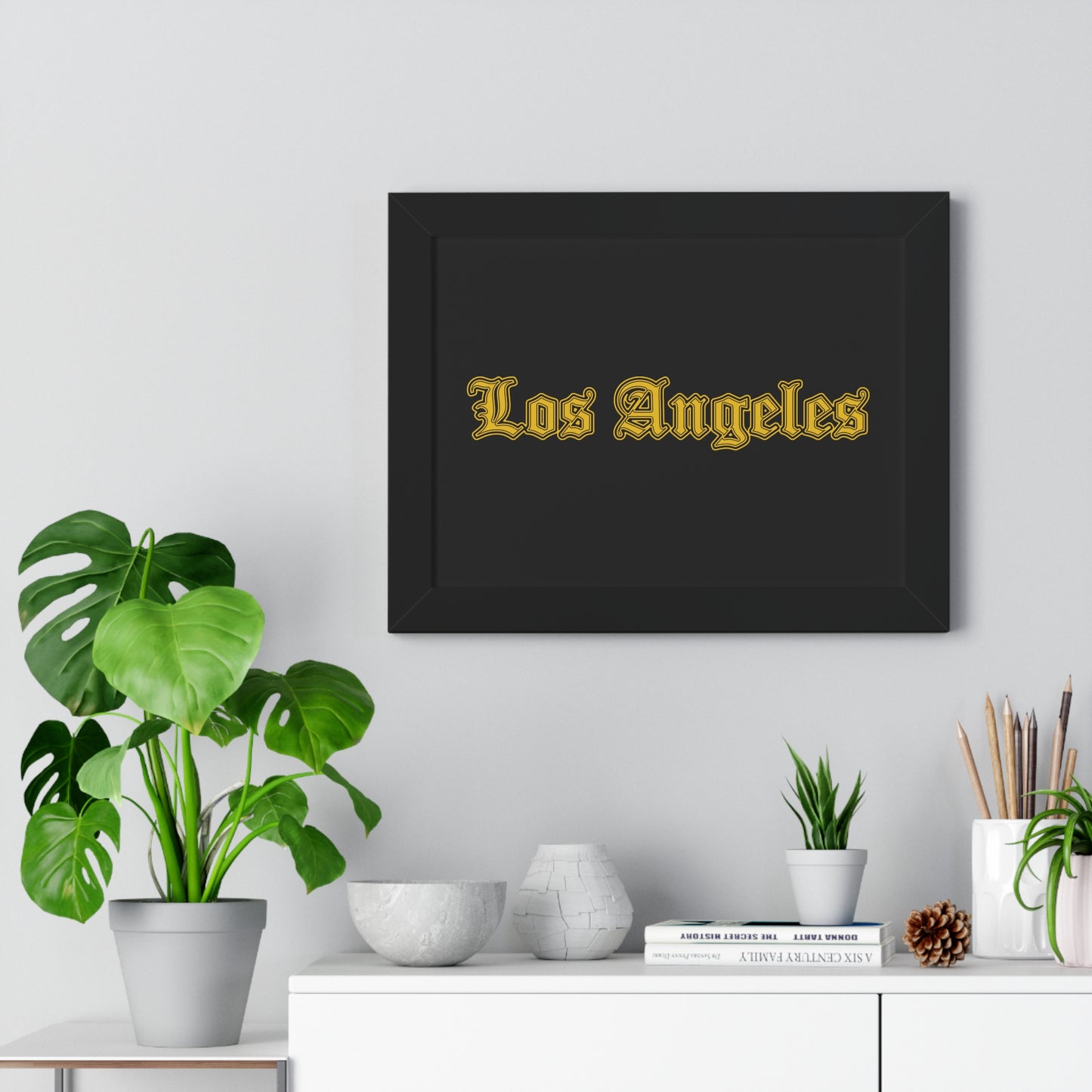 Los Angeles Framed Poster, Urban Wall Art for Home Decor, Cityscape Gift, Interior Design Accent, Modern Typography Decor - Golden Edition