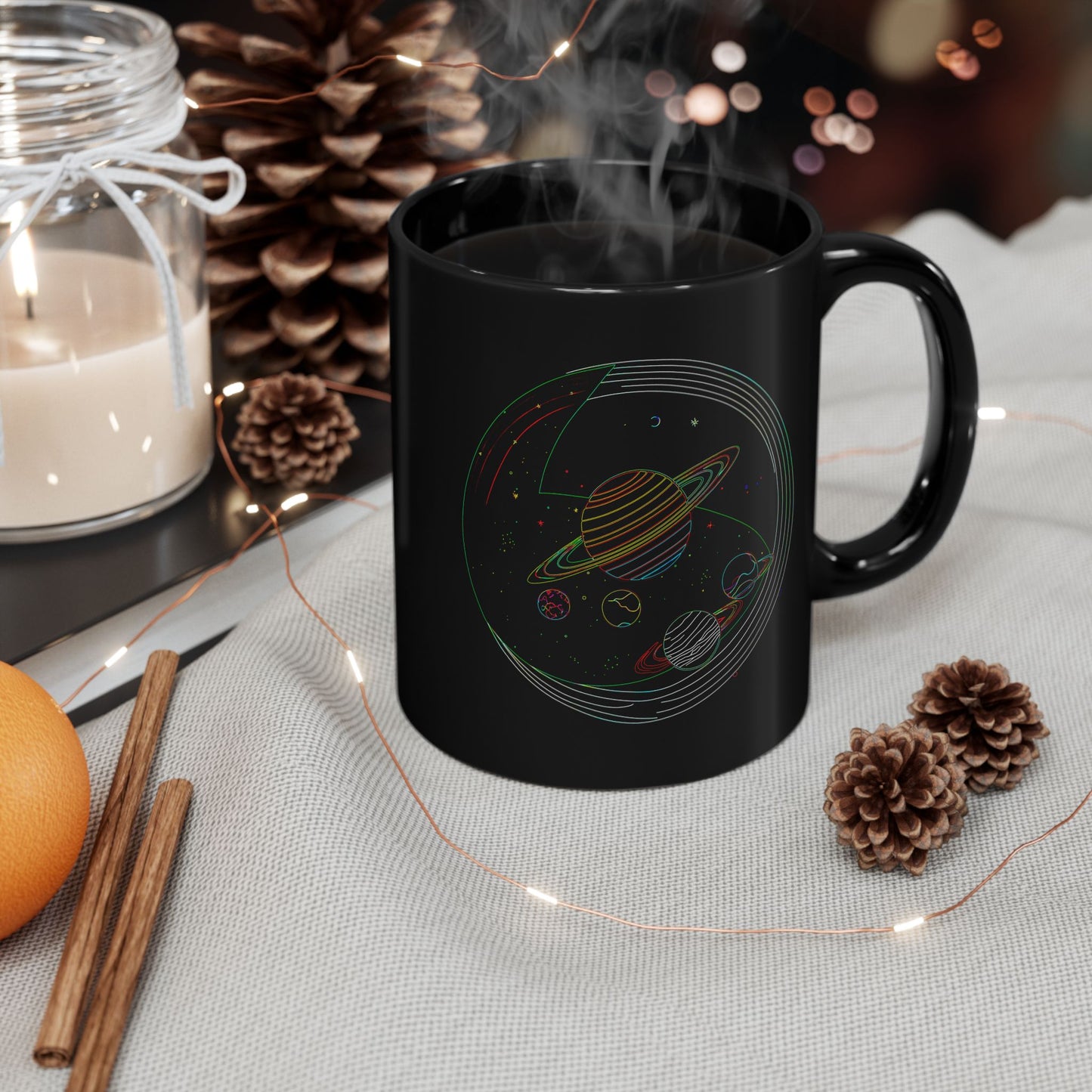 Cosmic Design Black Mug, Galactic Ceramic Coffee Cup for Space Lovers, Unique Gift for Astronomers, Birthday, Science Enthusiasts