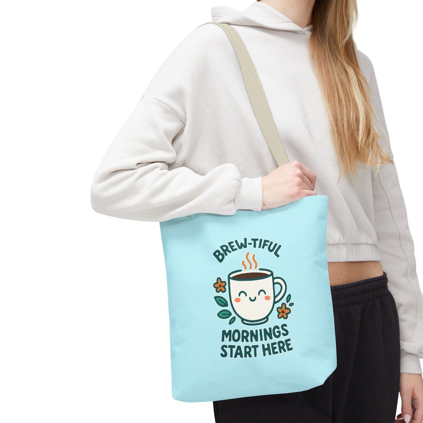 Brew-tiful Mornings Tote Bag, Cute Coffee Lover Gift, Reusable Grocery Bag, Spring Picnic Essentials, Motivational Quote Tote