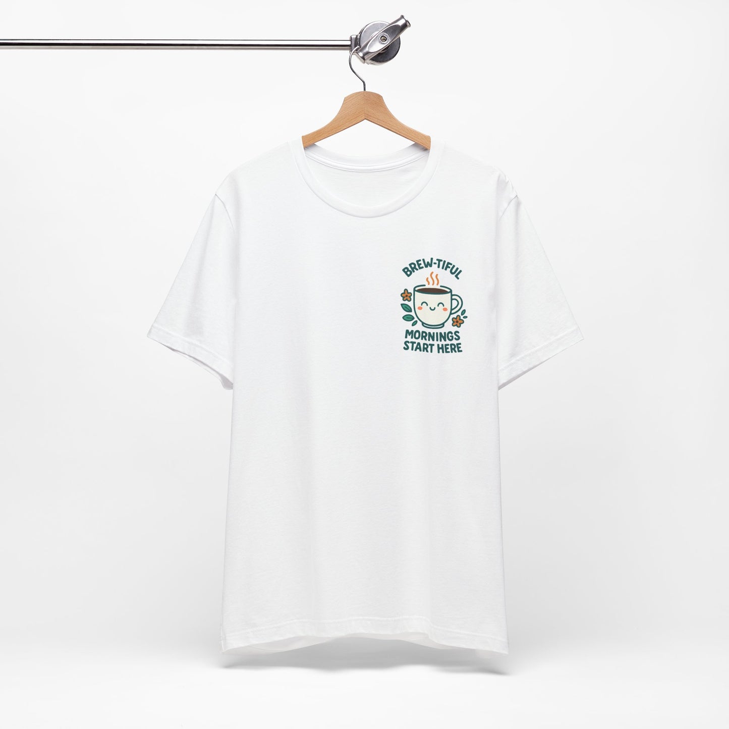 Cute Coffee Lover T-Shirt, Brew-tiful Mornings Start Here Tee, Perfect for Baristas, Gift for Coffee Enthusiasts, Cozy Everyday Wear