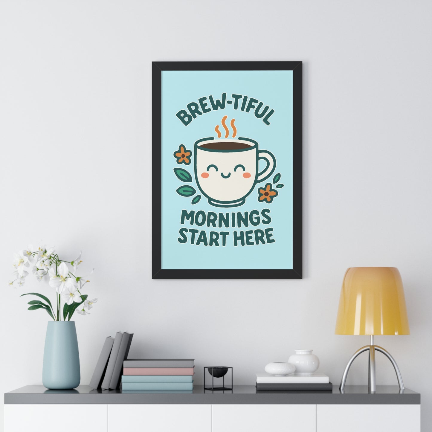 Cute Coffee Wall Art, Brew-tiful Mornings Poster, Kitchen Decor, Gift for Coffee Lovers, Floral Artwork, Home Office Print