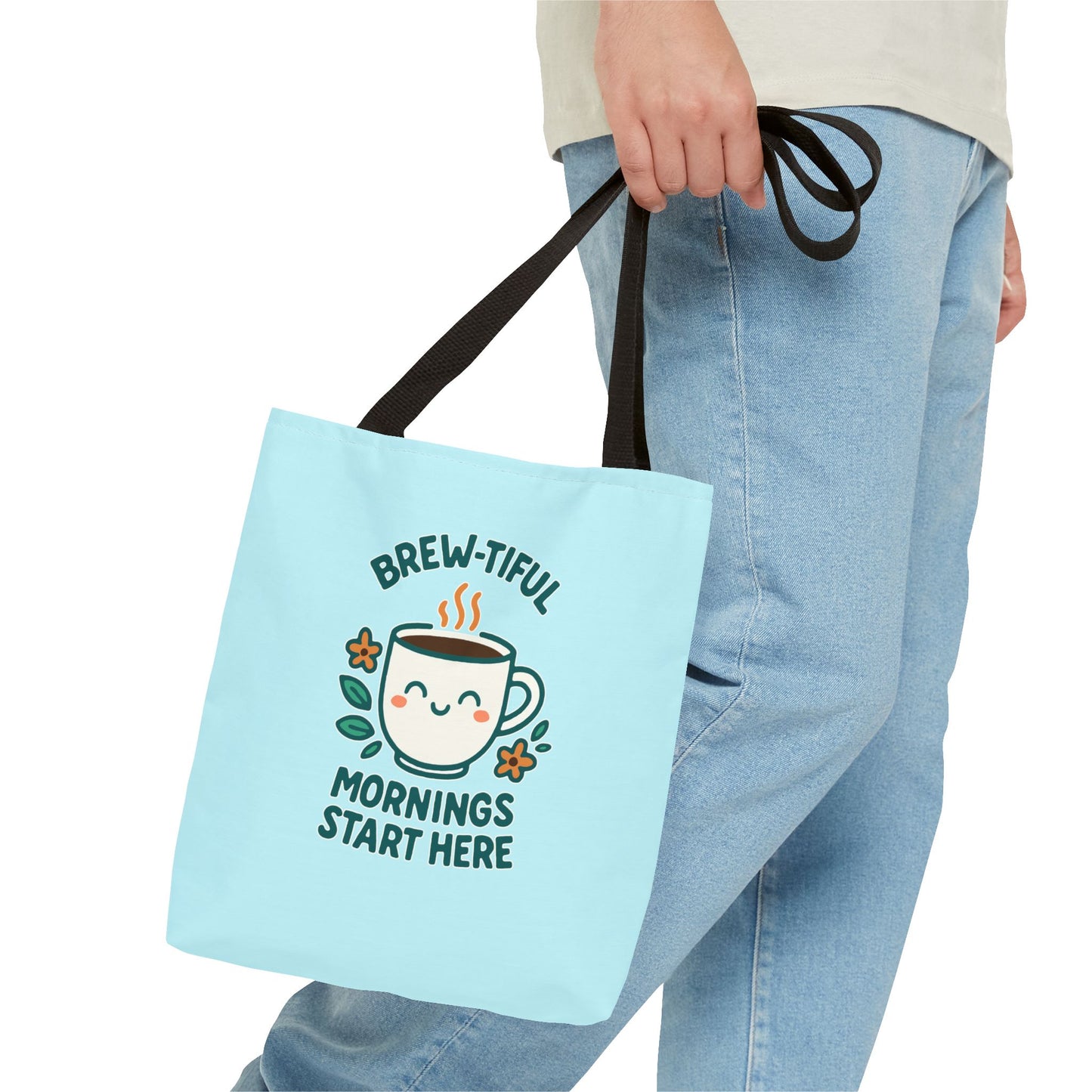 Brew-tiful Mornings Tote Bag, Cute Coffee Lover Gift, Reusable Grocery Bag, Spring Picnic Essentials, Motivational Quote Tote
