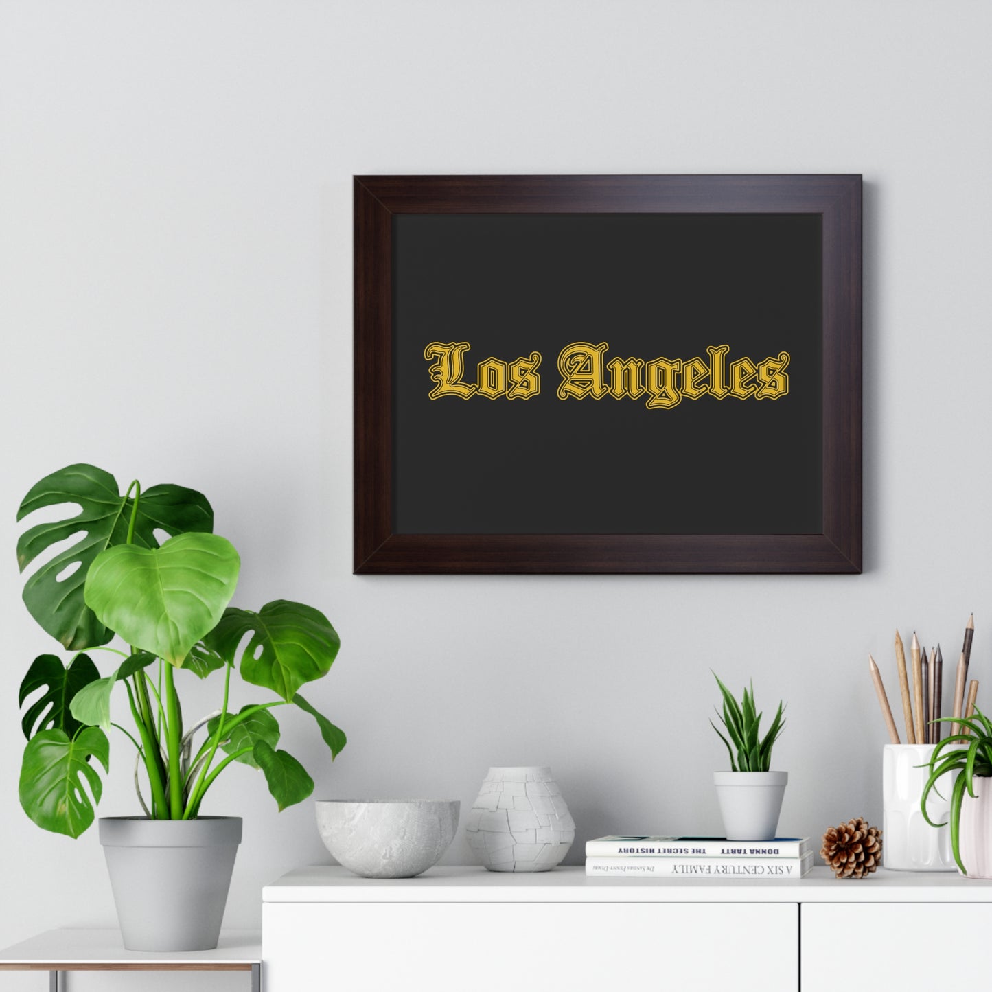 Los Angeles Framed Poster, Urban Wall Art for Home Decor, Cityscape Gift, Interior Design Accent, Modern Typography Decor - Golden Edition