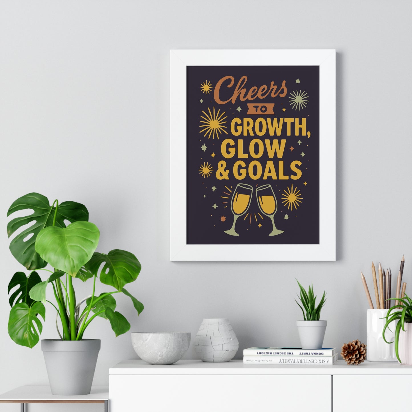 Cheers to Growth Framed Vertical Poster, Inspirational Wall Art, Celebration Decor, Motivational Print, Gift for New Beginnings