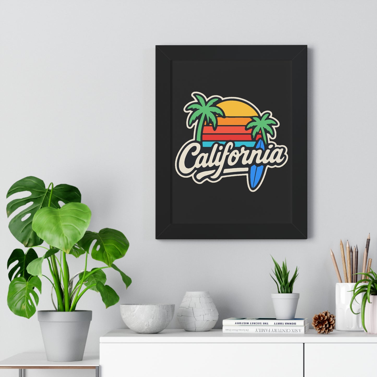 California Sunset Framed Poster, Beach Wall Art, Home Decor, Tropical Vibes, Gift for Surf Lovers