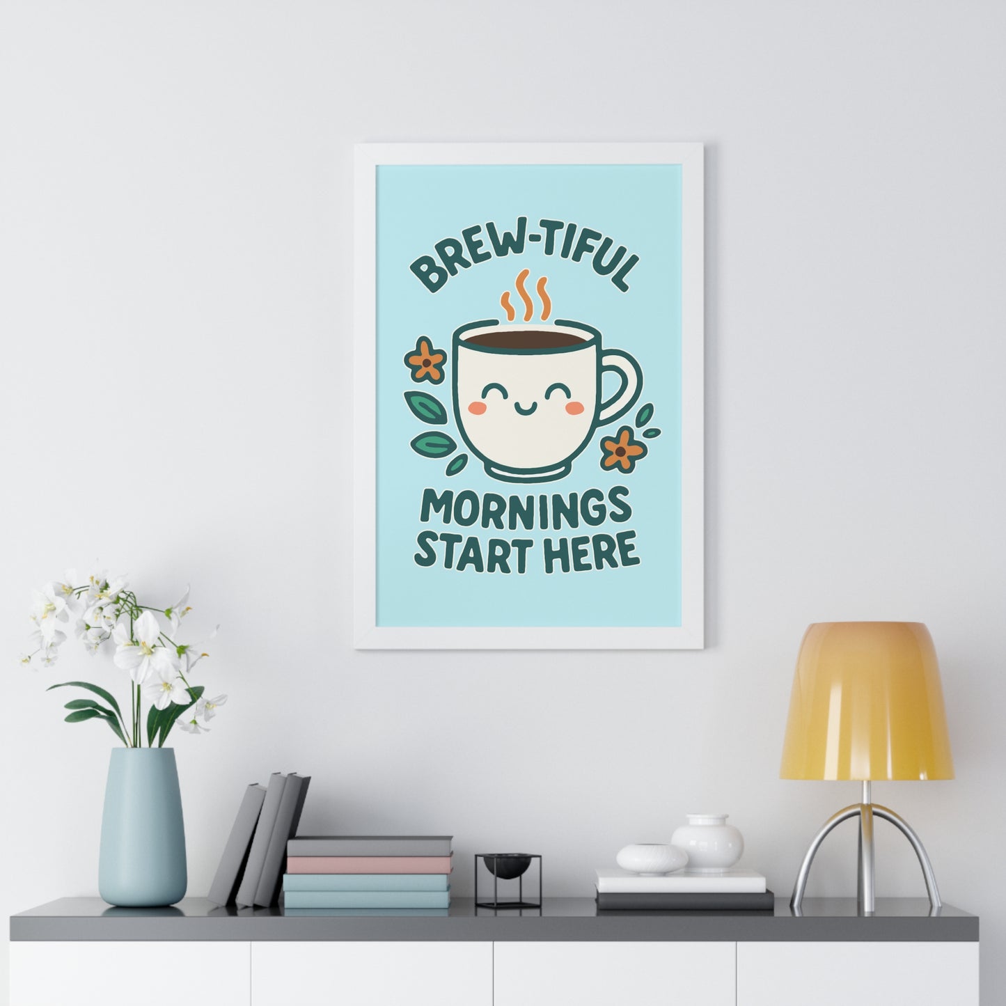 Cute Coffee Wall Art, Brew-tiful Mornings Poster, Kitchen Decor, Gift for Coffee Lovers, Floral Artwork, Home Office Print