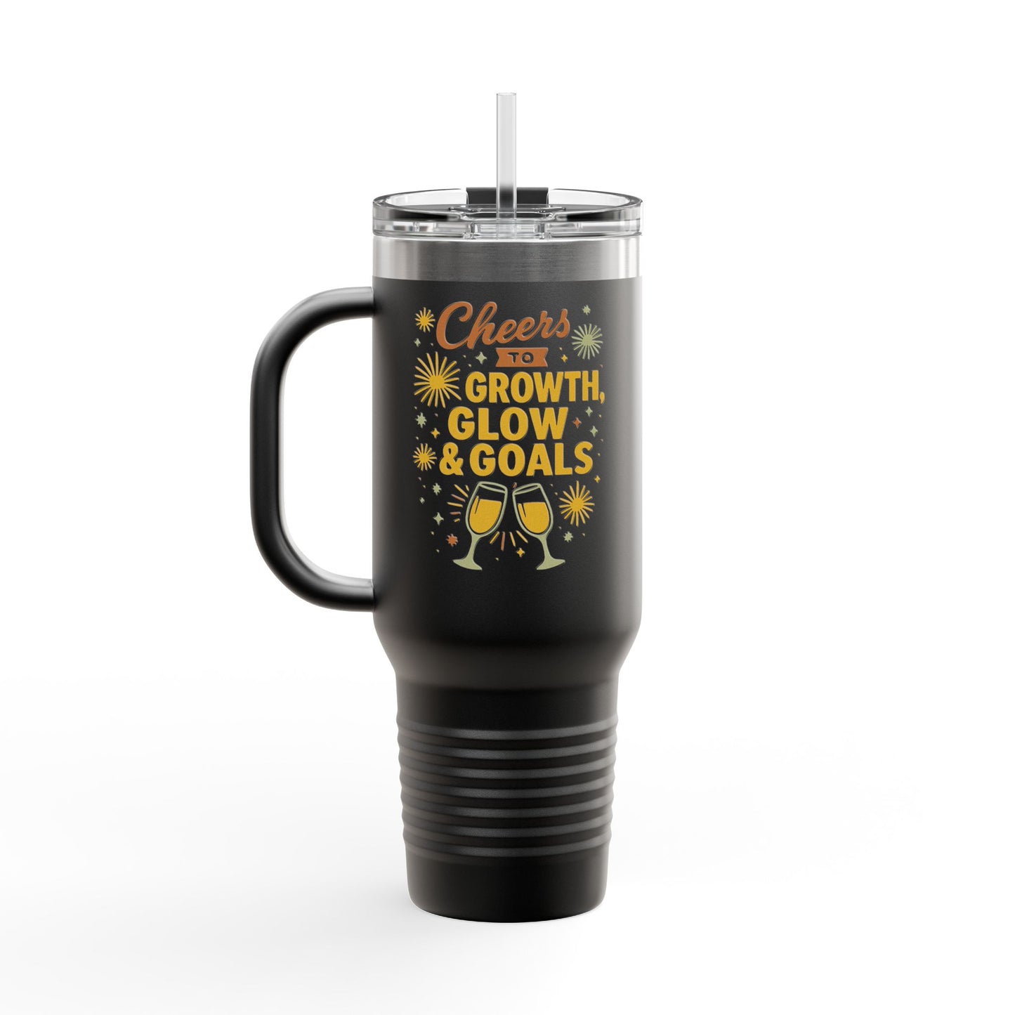 Cheers to Growth Insulated Travel Mug, 40oz, Motivational Gift for Friends, Birthday Coffee Tumbler, Inspirational Drinkware, New Year Vibes