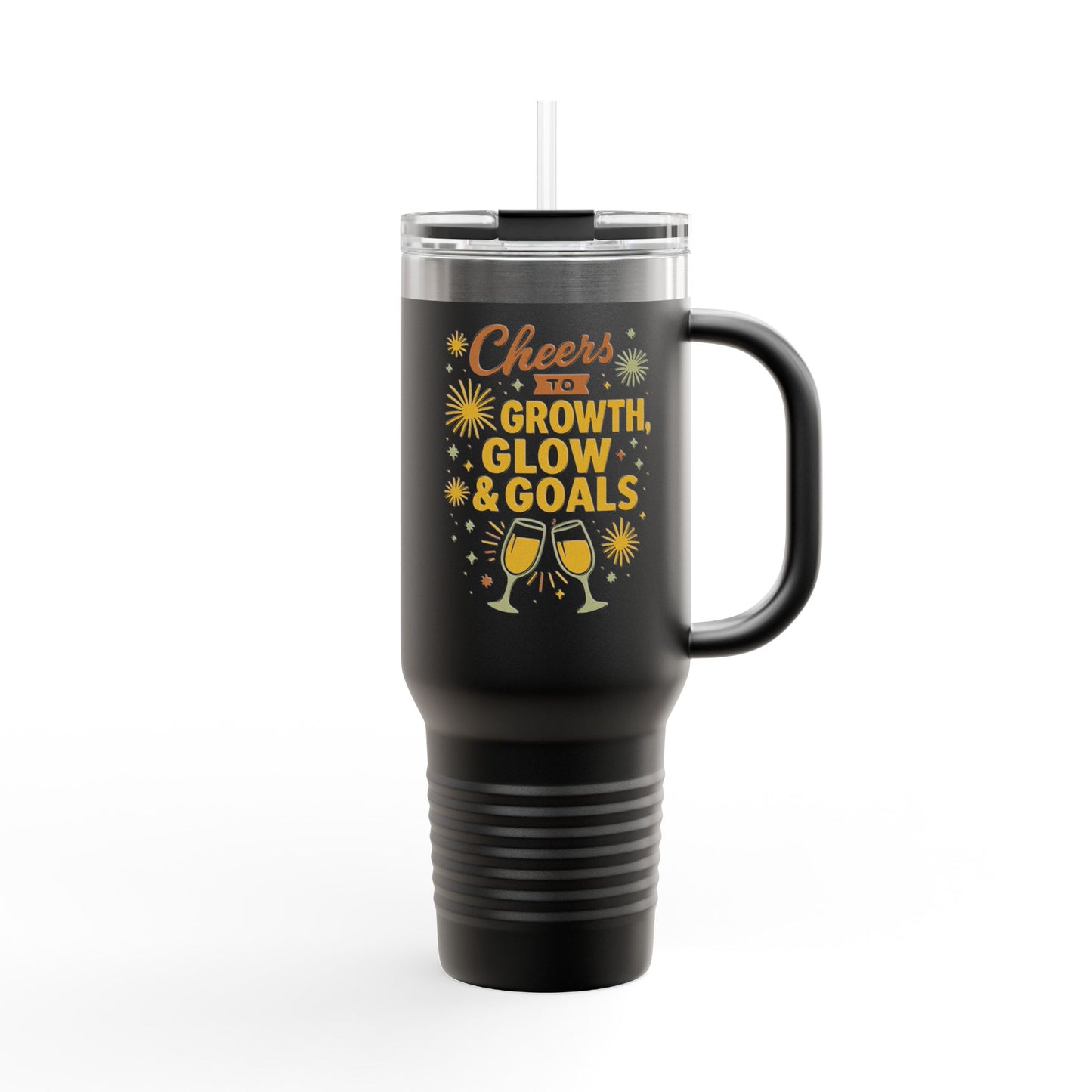Cheers to Growth Insulated Travel Mug, 40oz, Motivational Gift for Friends, Birthday Coffee Tumbler, Inspirational Drinkware, New Year Vibes
