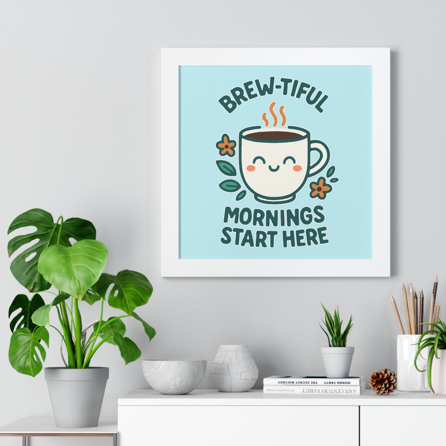 Cute Coffee Wall Art, Brew-tiful Mornings Poster, Kitchen Decor, Gift for Coffee Lovers, Floral Artwork, Home Office Print