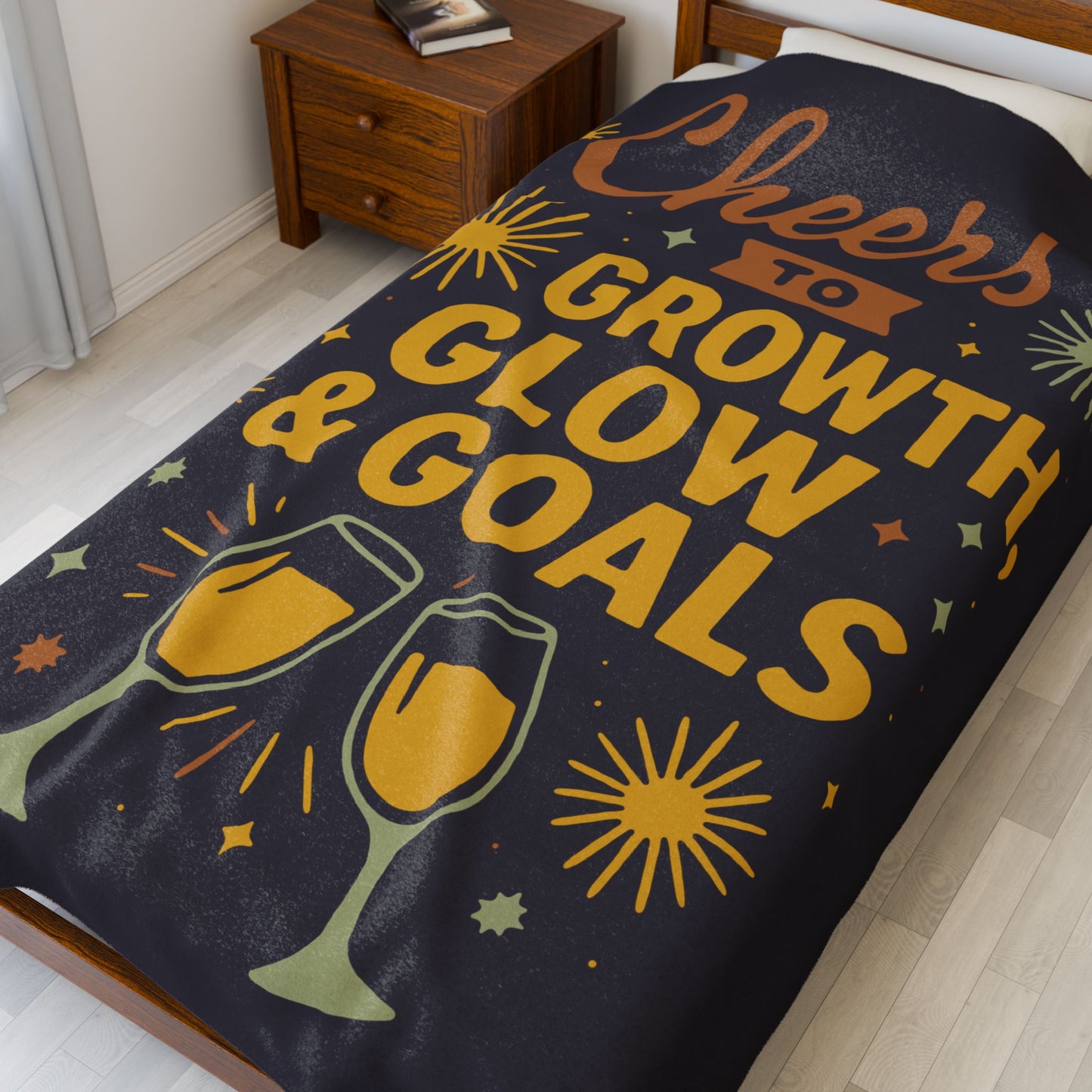 Cheers to Growth, Glow & Goals Velveteen Plush Blanket, Cozy Throw for Celebrations, Motivational Gifts, Home Decor, Self-Care