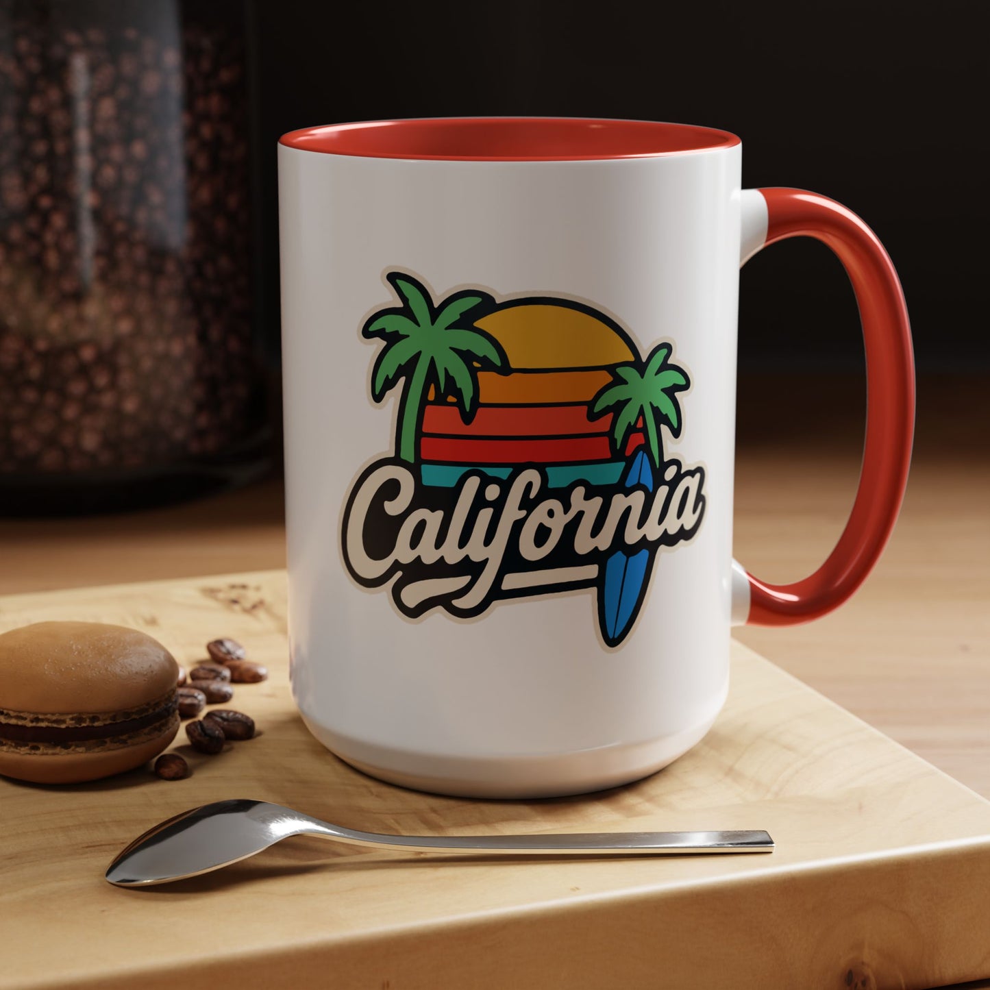 California Surf Vibes Accent Coffee Mug - Great for Beach Lovers, Gift for Surfers, Vacation Memento, Summer Collections, Retro Style