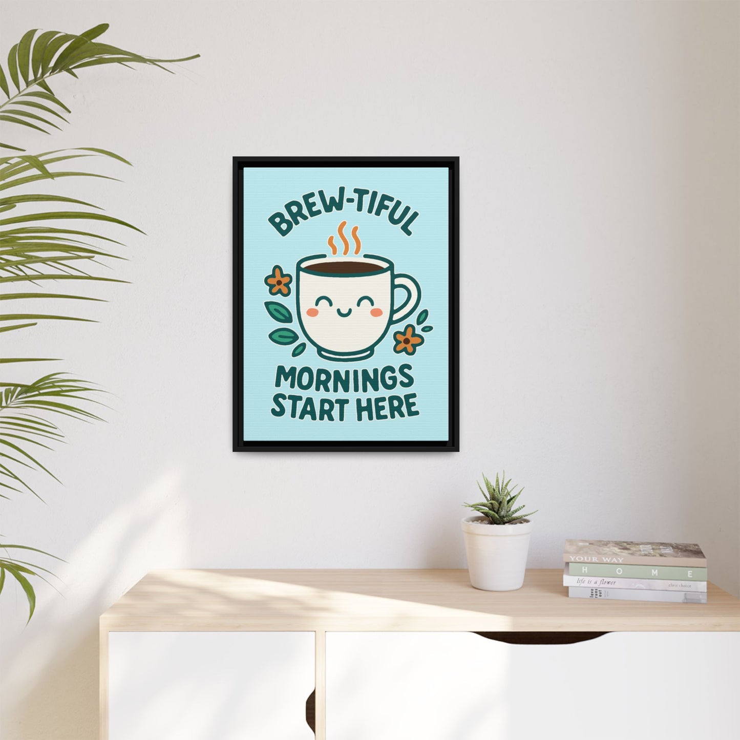 Framed Canvas Art, Brew-tiful Mornings Wall Decor, Coffee Lovers Gift, Kitchen Decoration, Cozy Home Art, Cute Framed Print