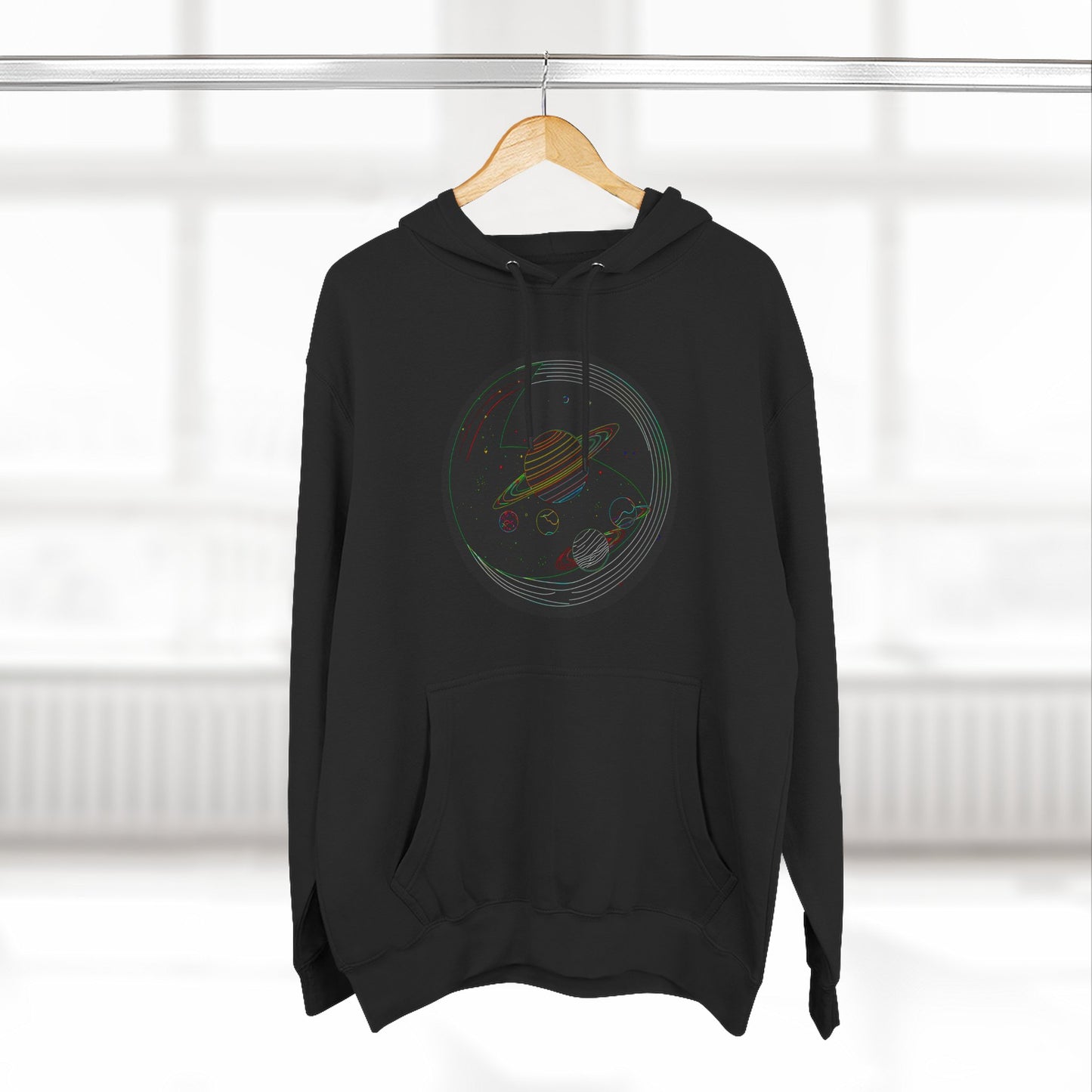 Cosmic Fleece Hoodie with Planet Design, Perfect for Space Lovers, Warm and Stylish, Great for Gifts, Casual Wear, Science-Themed Apparel